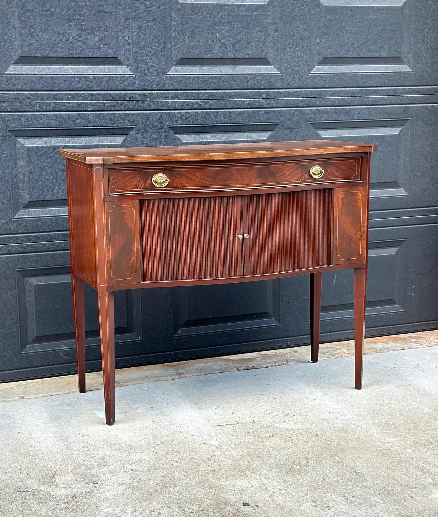 Vintage Mid 20th Century Crotch Mahogany Bowfront Tambour Console Cabinet with Drawer Storage 42" Wide