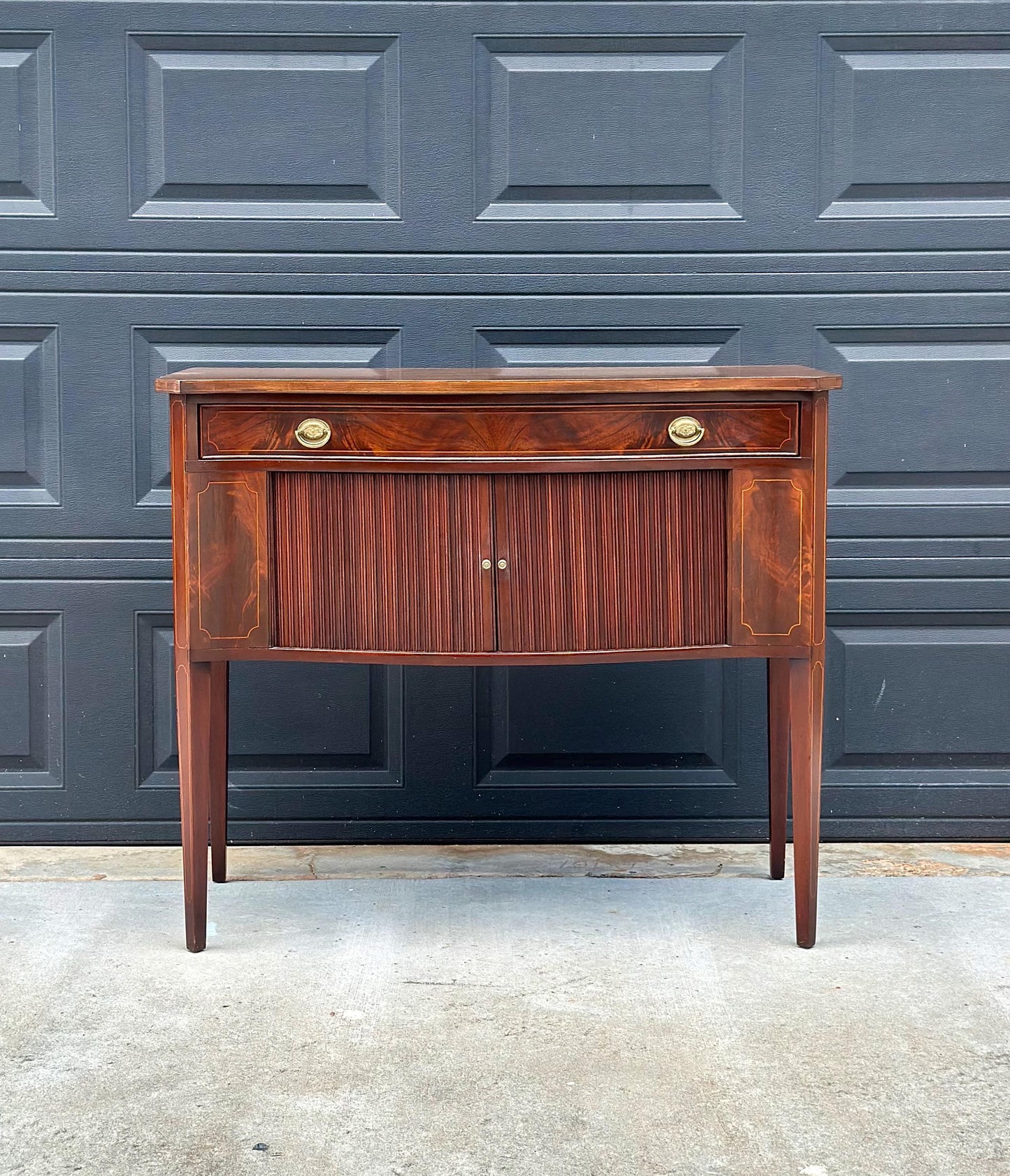 Vintage Mid 20th Century Crotch Mahogany Bowfront Tambour Console Cabinet with Drawer Storage 42" Wide