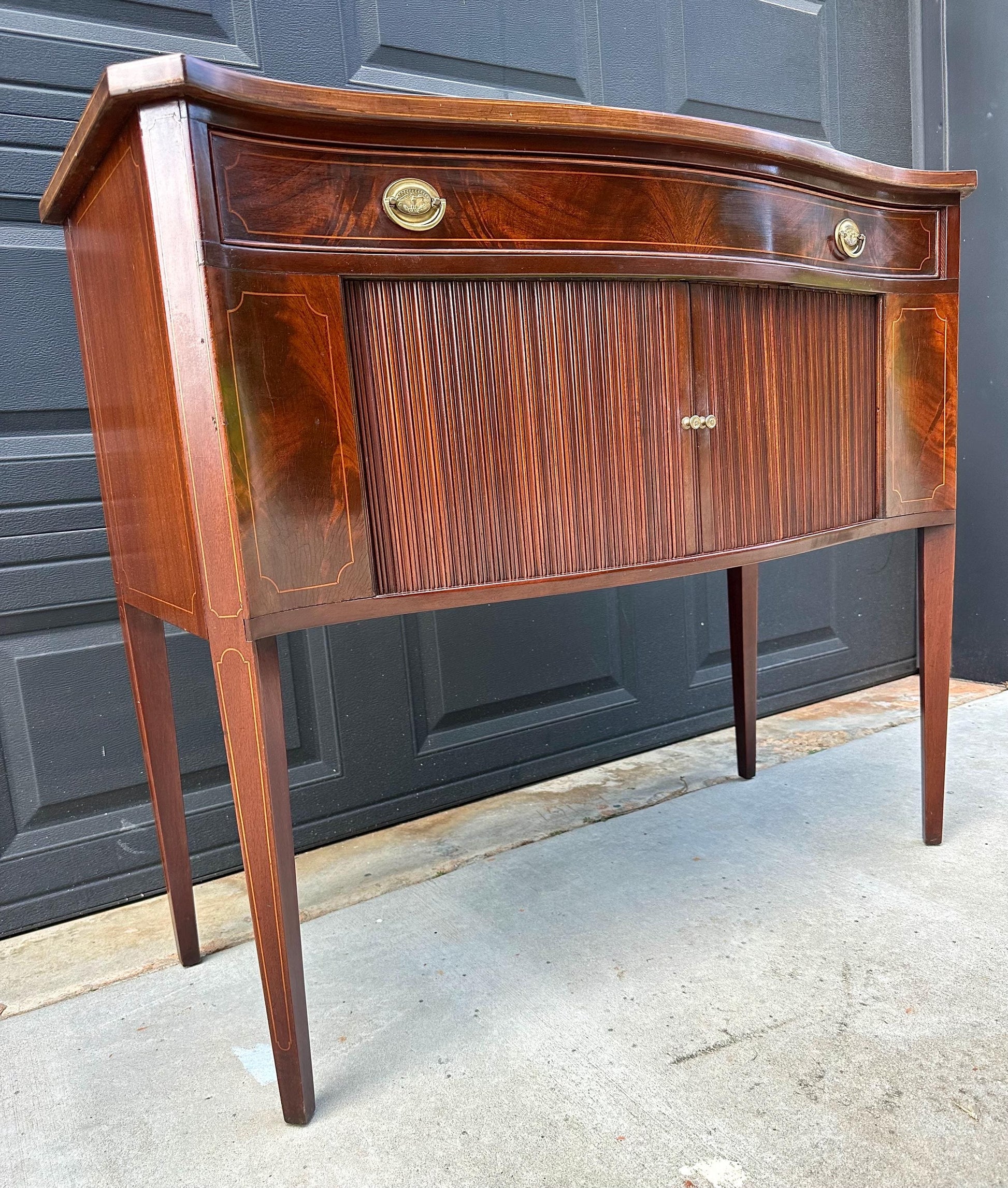 Vintage Mid 20th Century Crotch Mahogany Bowfront Tambour Console Cabinet with Drawer Storage 42" Wide