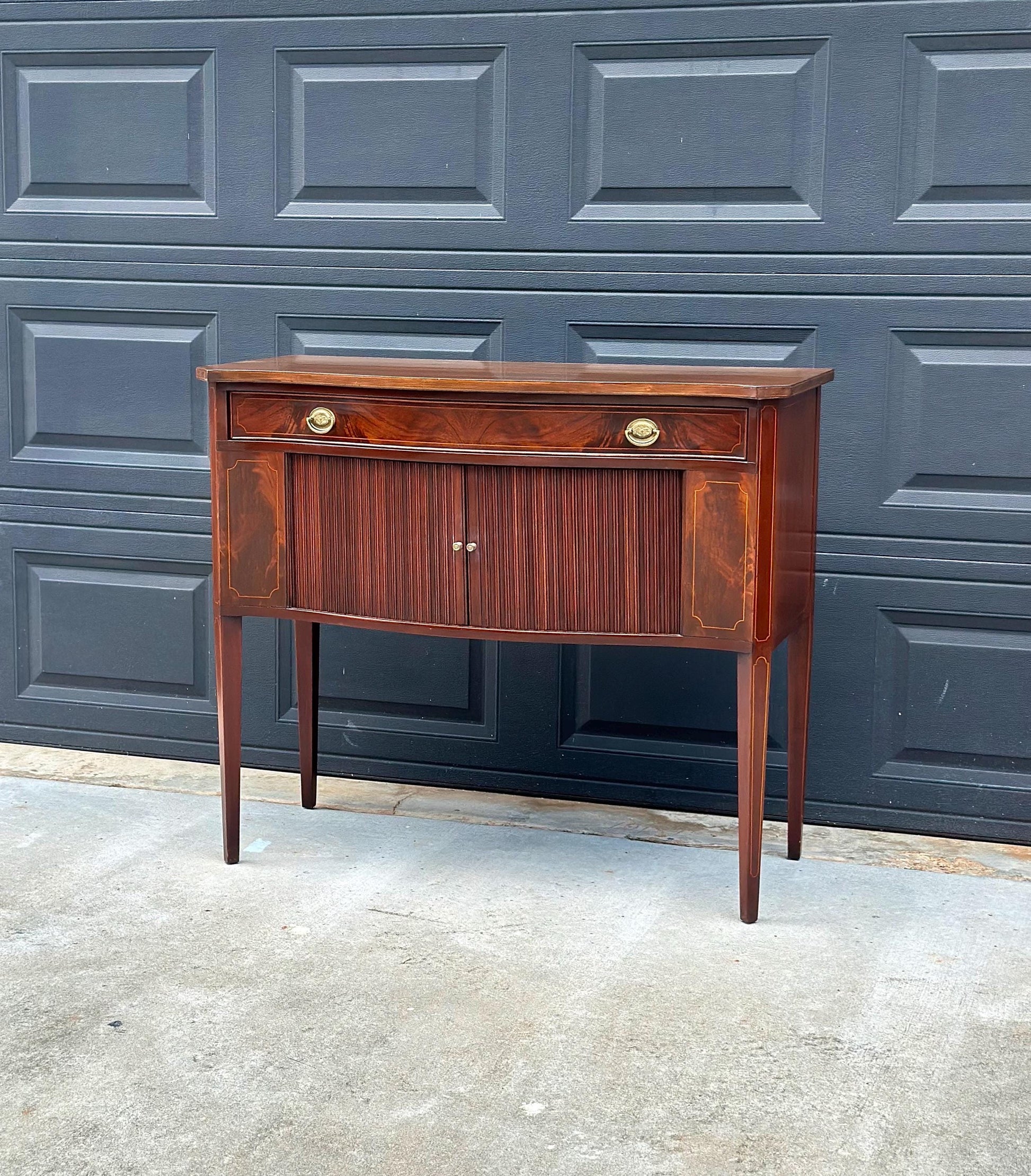 Vintage Mid 20th Century Crotch Mahogany Bowfront Tambour Console Cabinet with Drawer Storage 42" Wide
