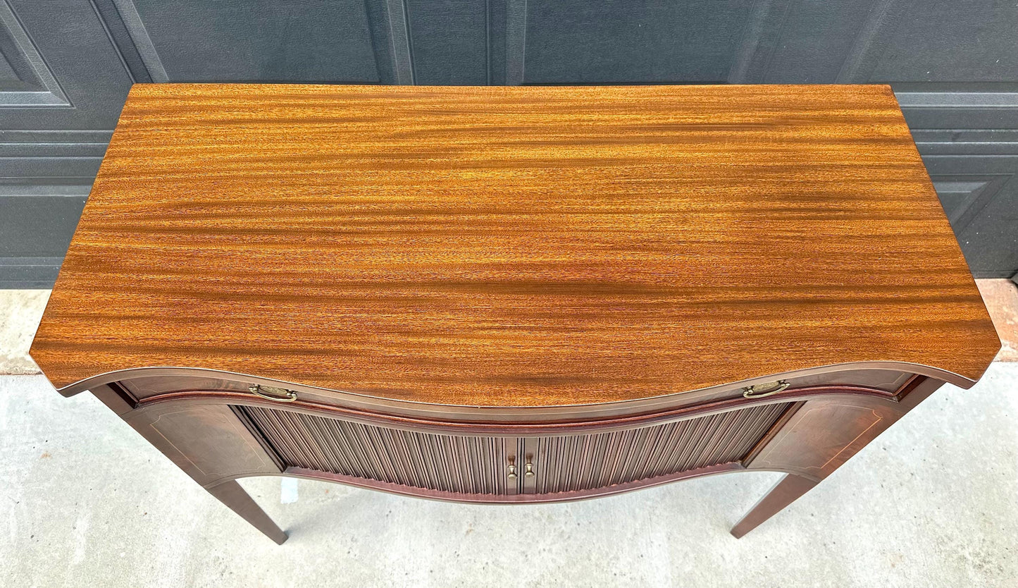 Vintage Mid 20th Century Crotch Mahogany Bowfront Tambour Console Cabinet with Drawer Storage 42" Wide