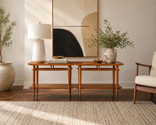 Vintage Mid 20th Century Mid Mod Walnut Side Tables with Brass Ferrules - a Pair