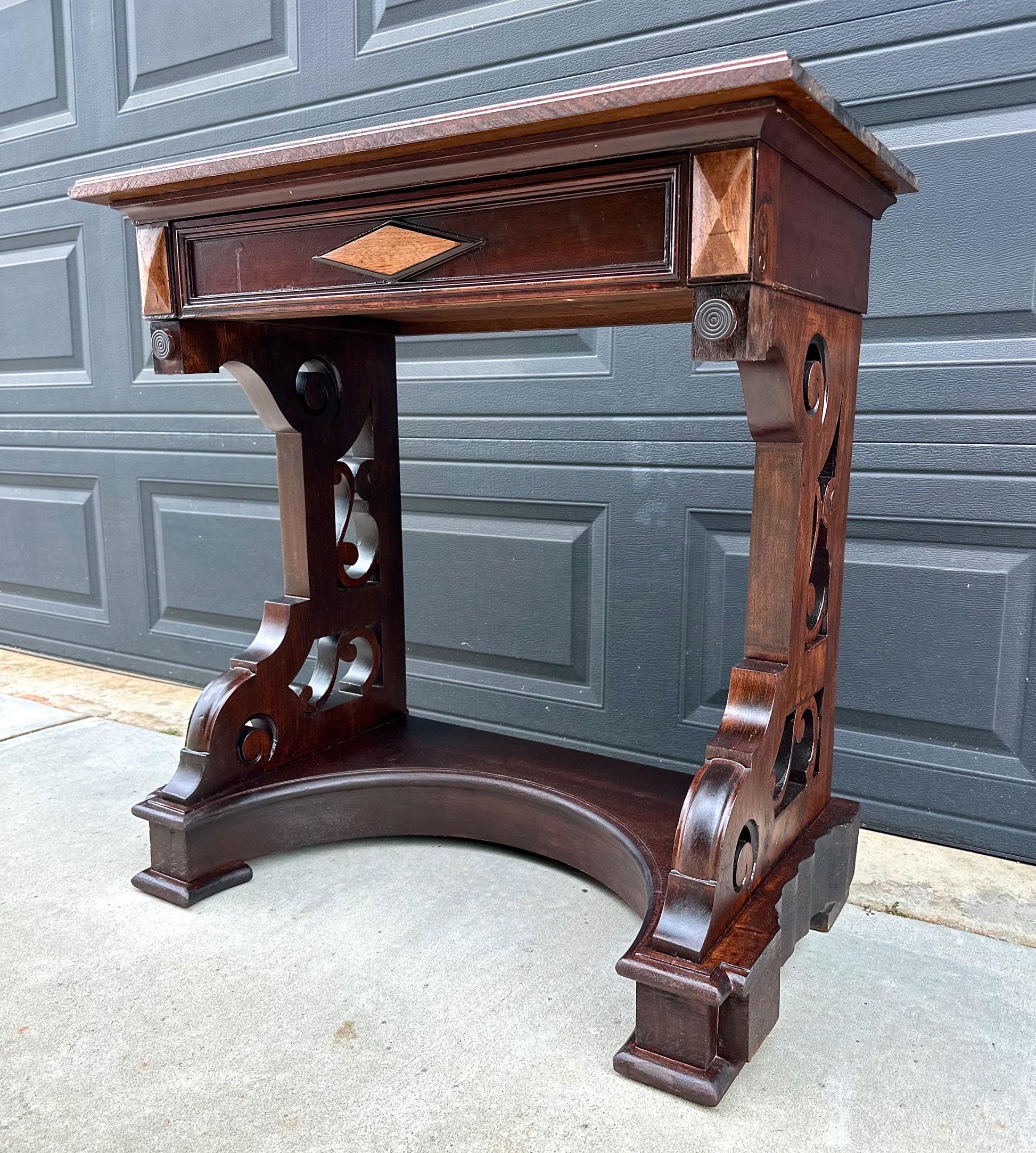 Antique Mid 19th Century Two Tone Mahogany Single Drawer Decorative Accent Carved Entry Table 31" Wide