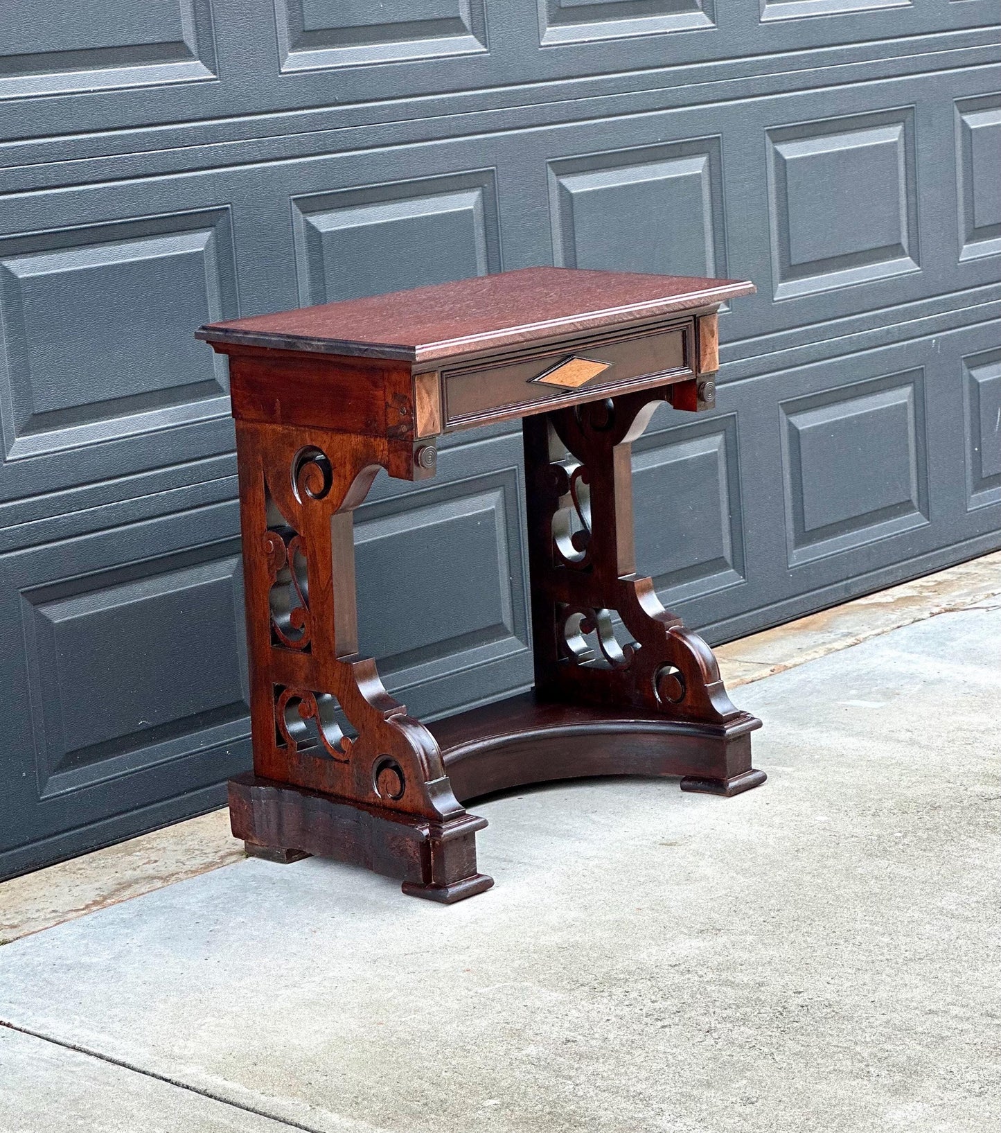 Antique Mid 19th Century Two Tone Mahogany Single Drawer Decorative Accent Carved Entry Table 31" Wide
