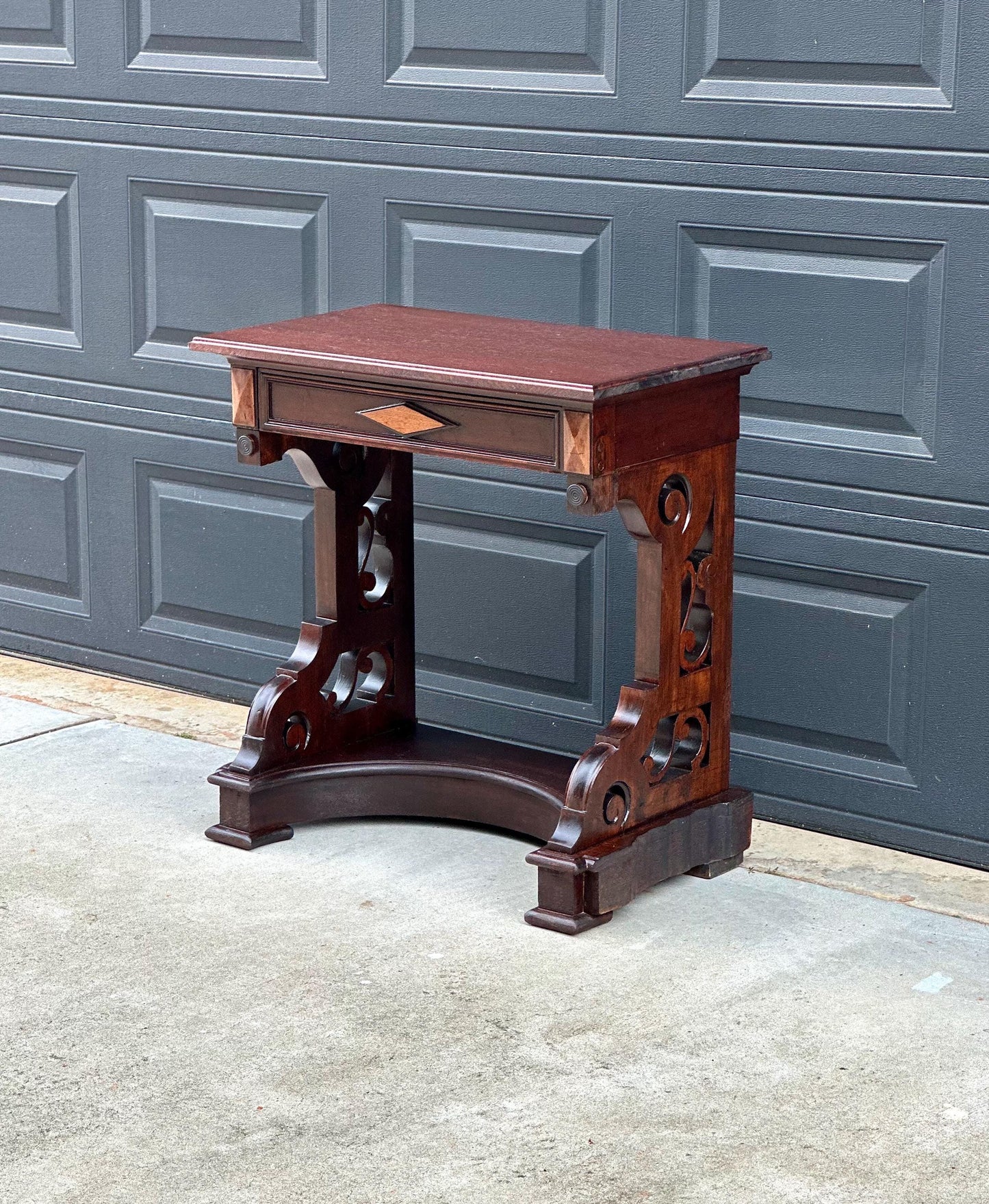 Antique Mid 19th Century Two Tone Mahogany Single Drawer Decorative Accent Carved Entry Table 31" Wide