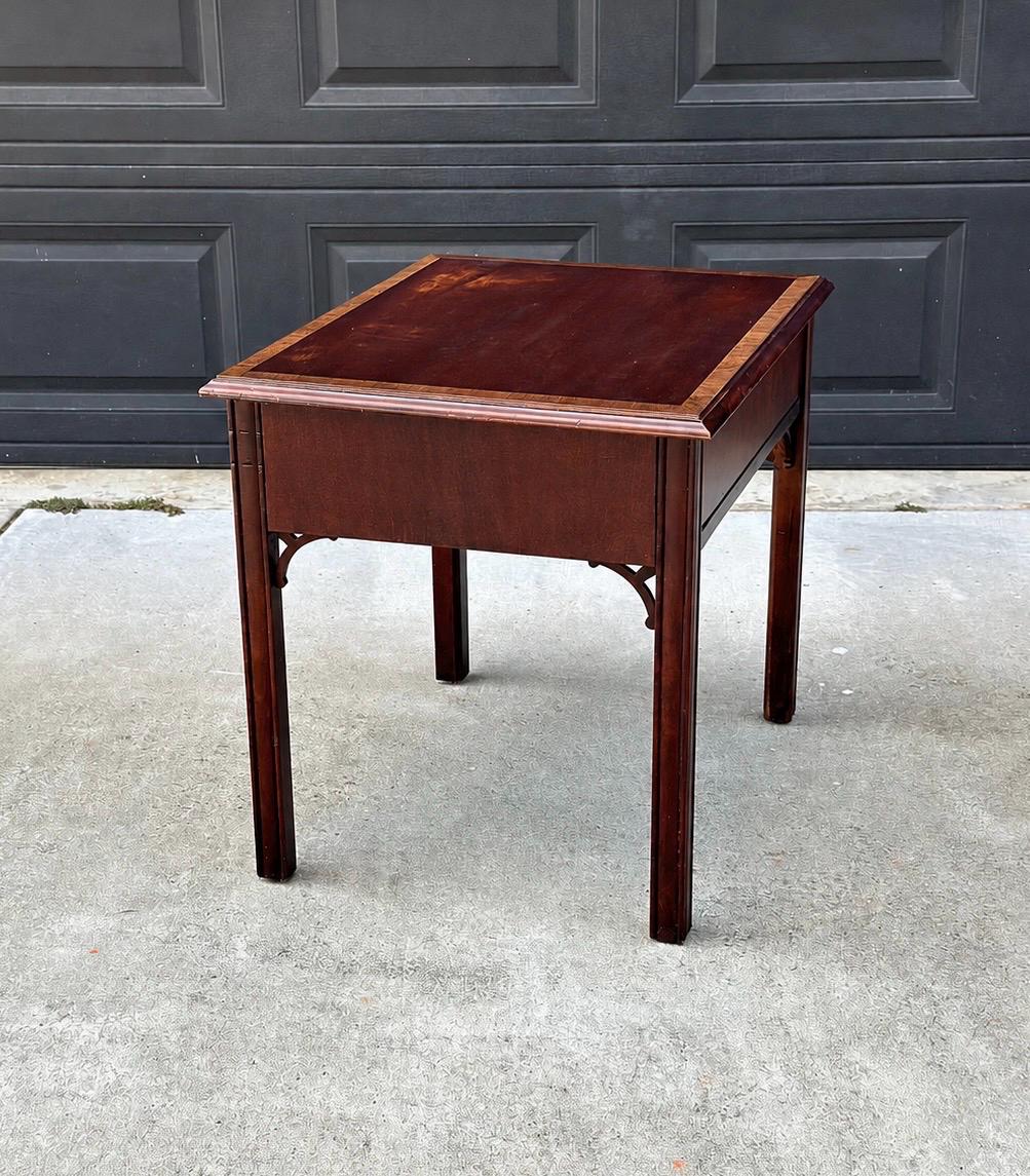 Vintage Mid 20th Century Traditional Banded Mahogany Single Drawer Lamp End Table 21.25" Wide