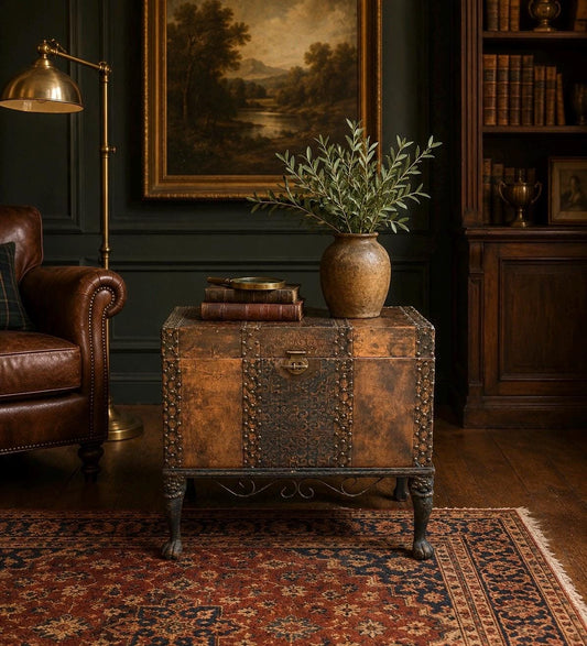 Vintage Mid 20th Century Velvet Lined Brass Studded Asian Trunk Storage Accent Table 26" Wide
