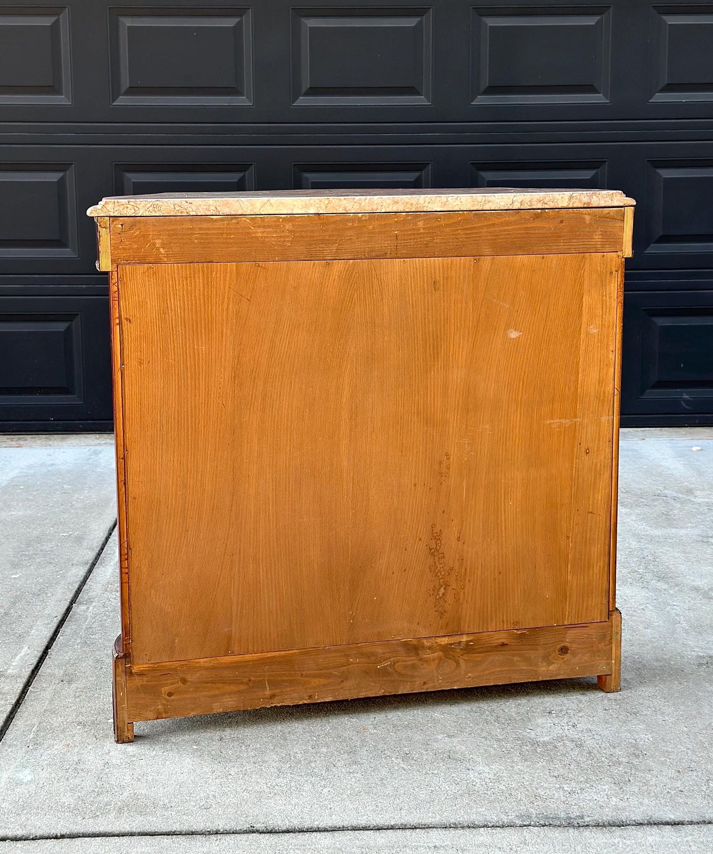 Antique Early 20th Century French Louis XV Mahogany Marble Top Cabinet with Ormolu Mounts & Floral Marquetry