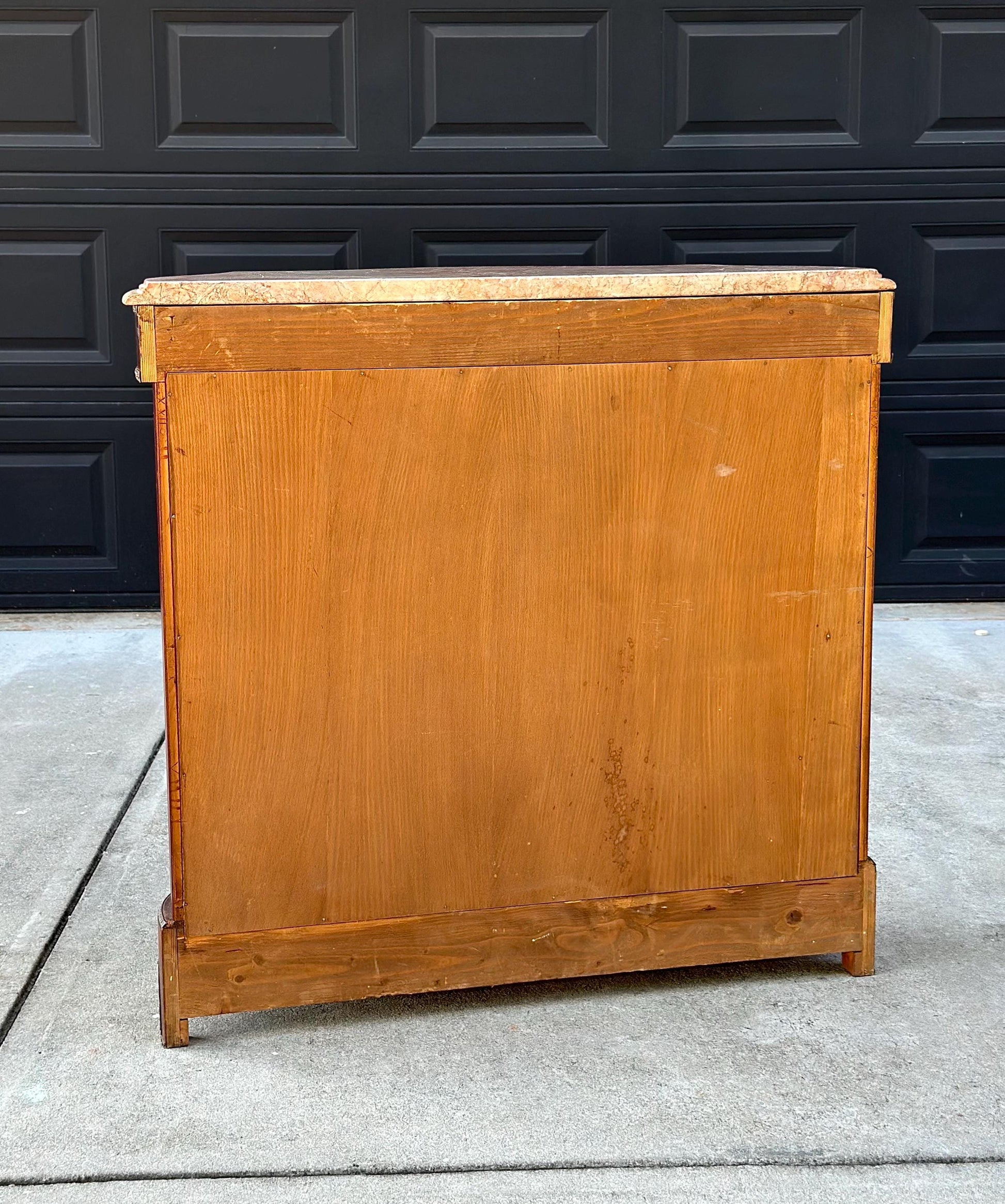 Antique Early 20th Century French Louis XV Mahogany Marble Top Cabinet with Ormolu Mounts & Floral Marquetry