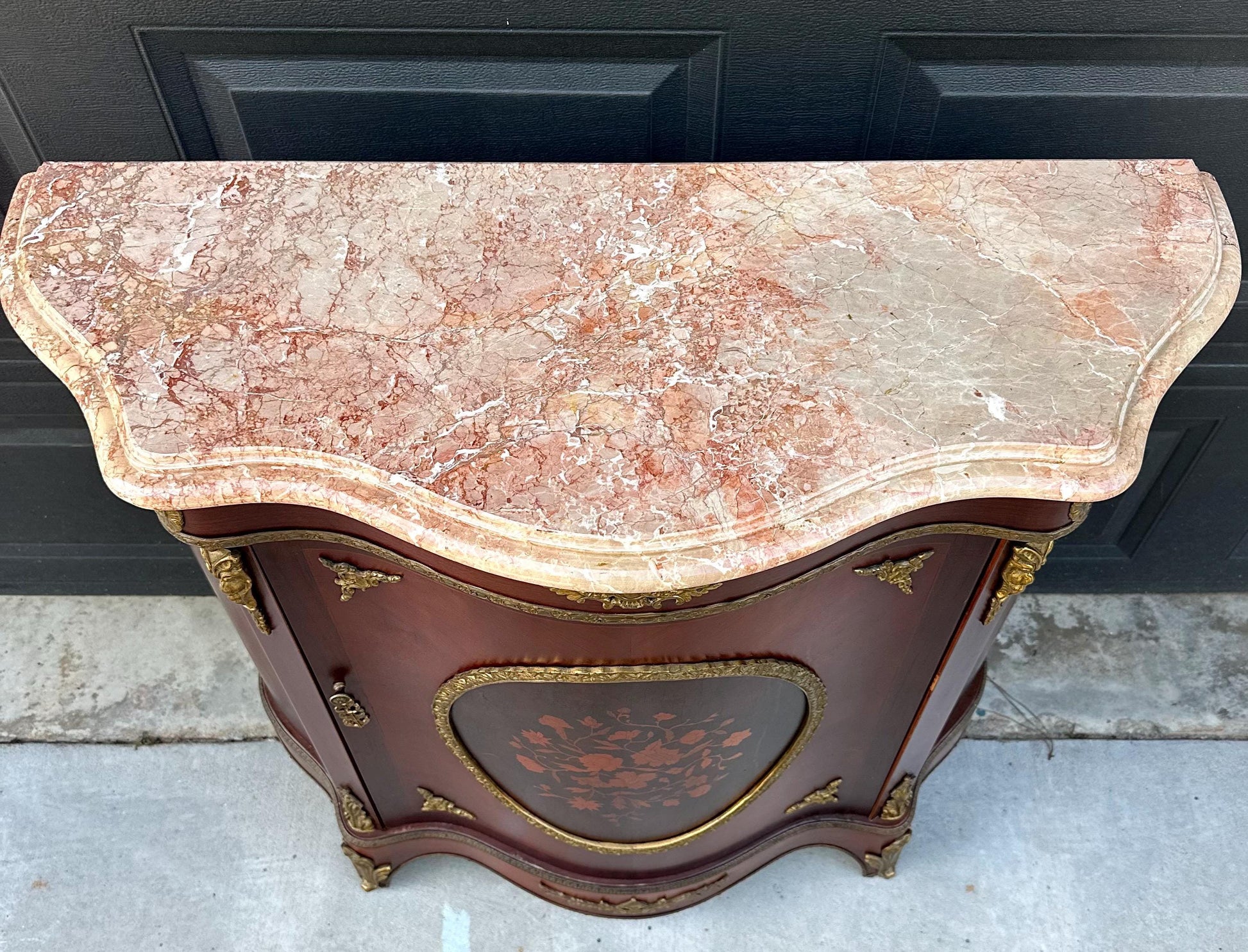 Antique Early 20th Century French Louis XV Mahogany Marble Top Cabinet with Ormolu Mounts & Floral Marquetry
