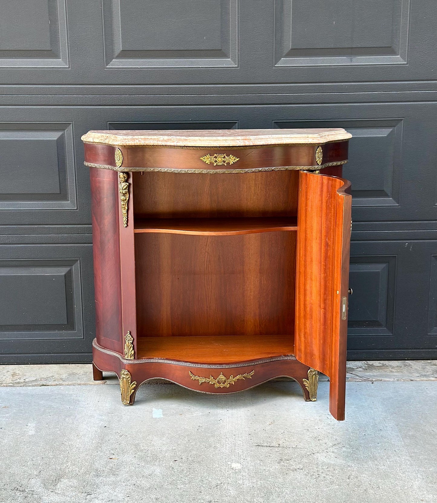 Antique Early 20th Century French Louis XV Mahogany Marble Top Cabinet with Ormolu Mounts & Floral Marquetry