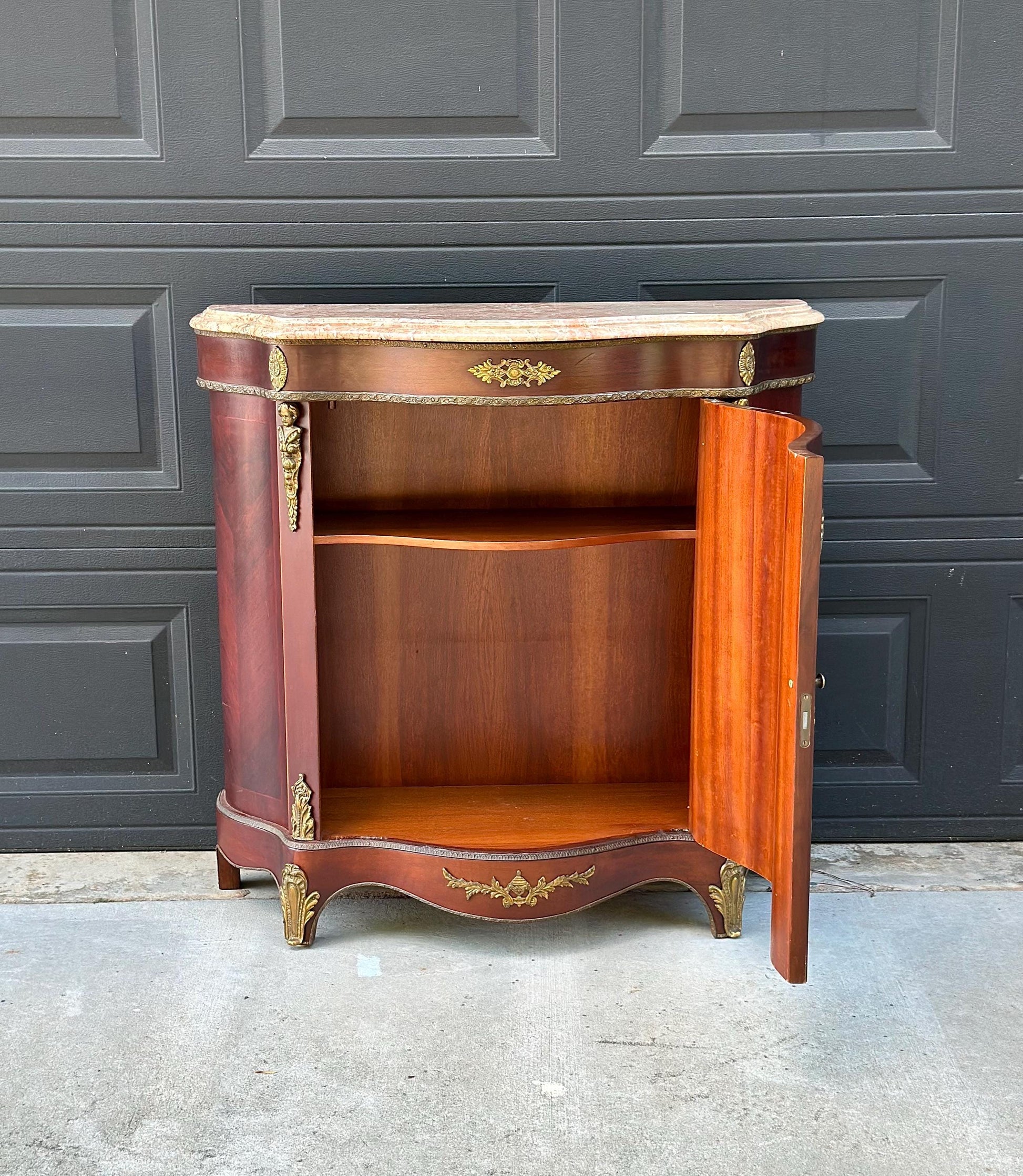 Antique Early 20th Century French Louis XV Mahogany Marble Top Cabinet with Ormolu Mounts & Floral Marquetry