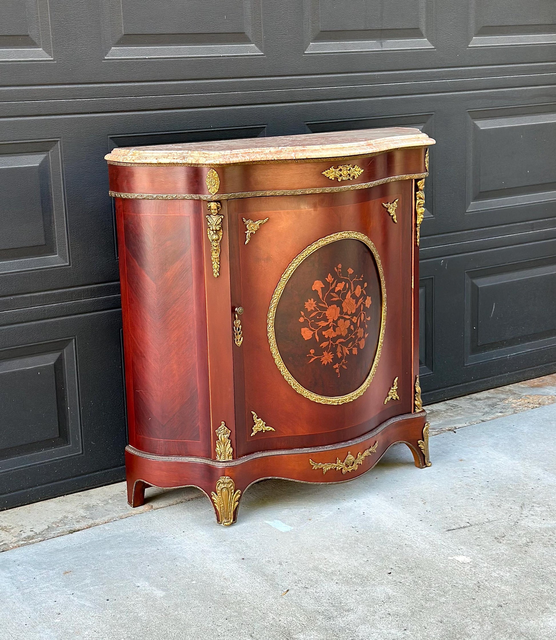 Antique Early 20th Century French Louis XV Mahogany Marble Top Cabinet with Ormolu Mounts & Floral Marquetry
