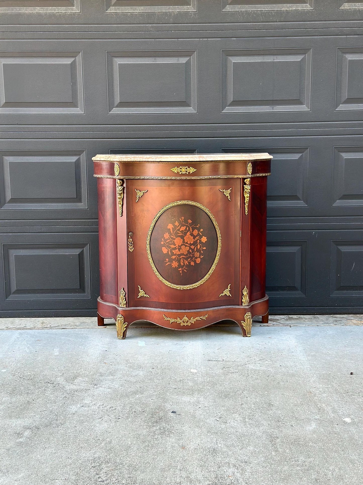 Antique Early 20th Century French Louis XV Mahogany Marble Top Cabinet with Ormolu Mounts & Floral Marquetry