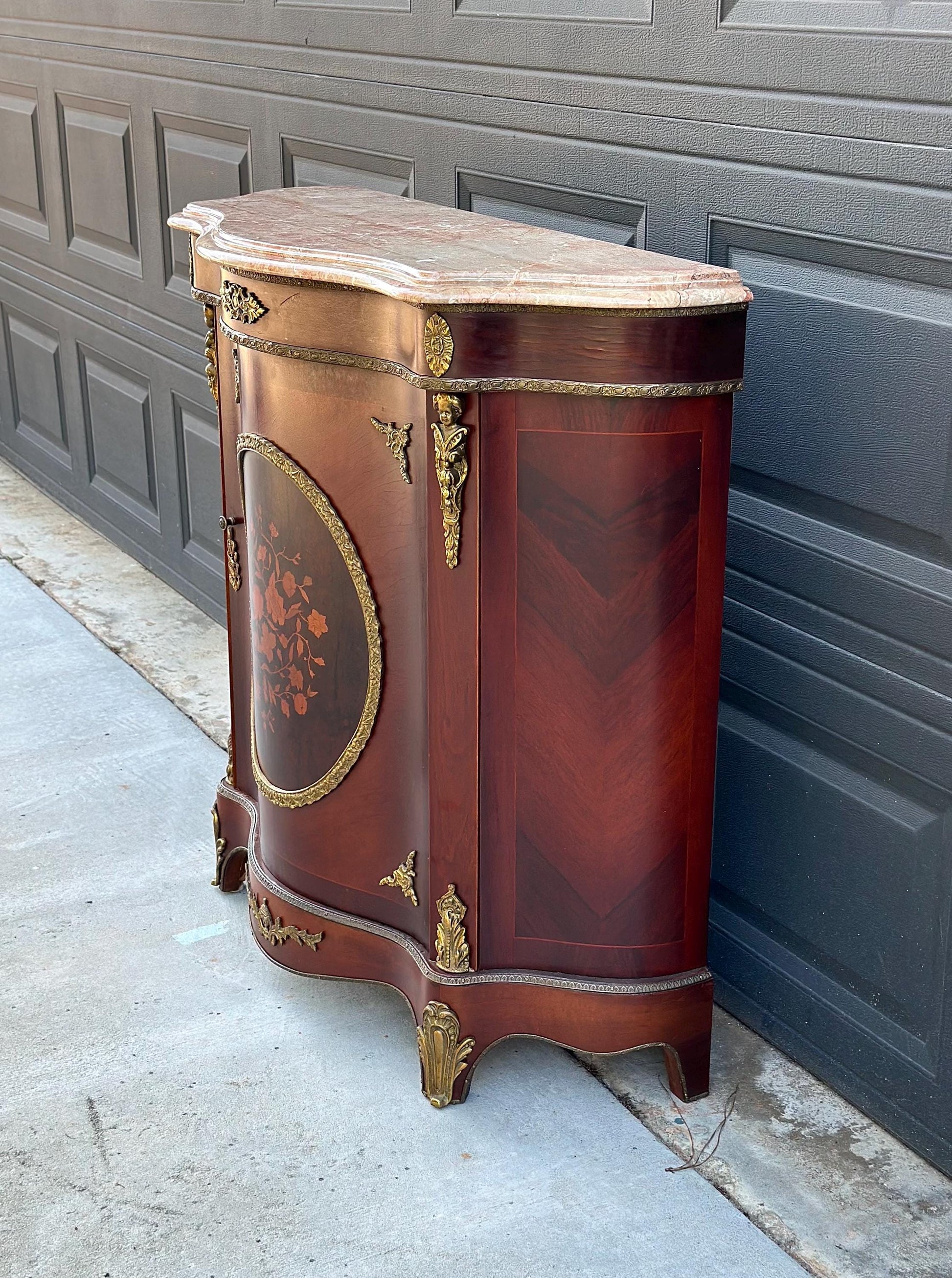 Antique Early 20th Century French Louis XV Mahogany Marble Top Cabinet with Ormolu Mounts & Floral Marquetry