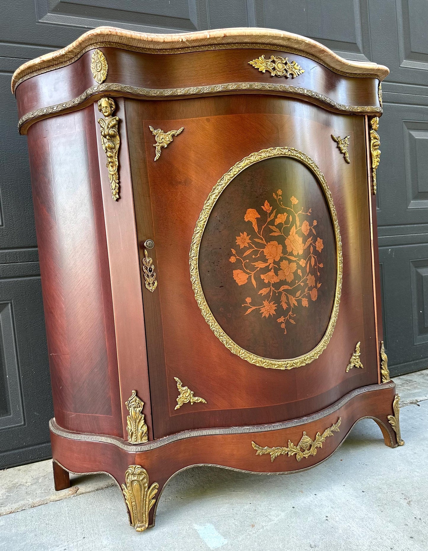 Antique Early 20th Century French Louis XV Mahogany Marble Top Cabinet with Ormolu Mounts & Floral Marquetry