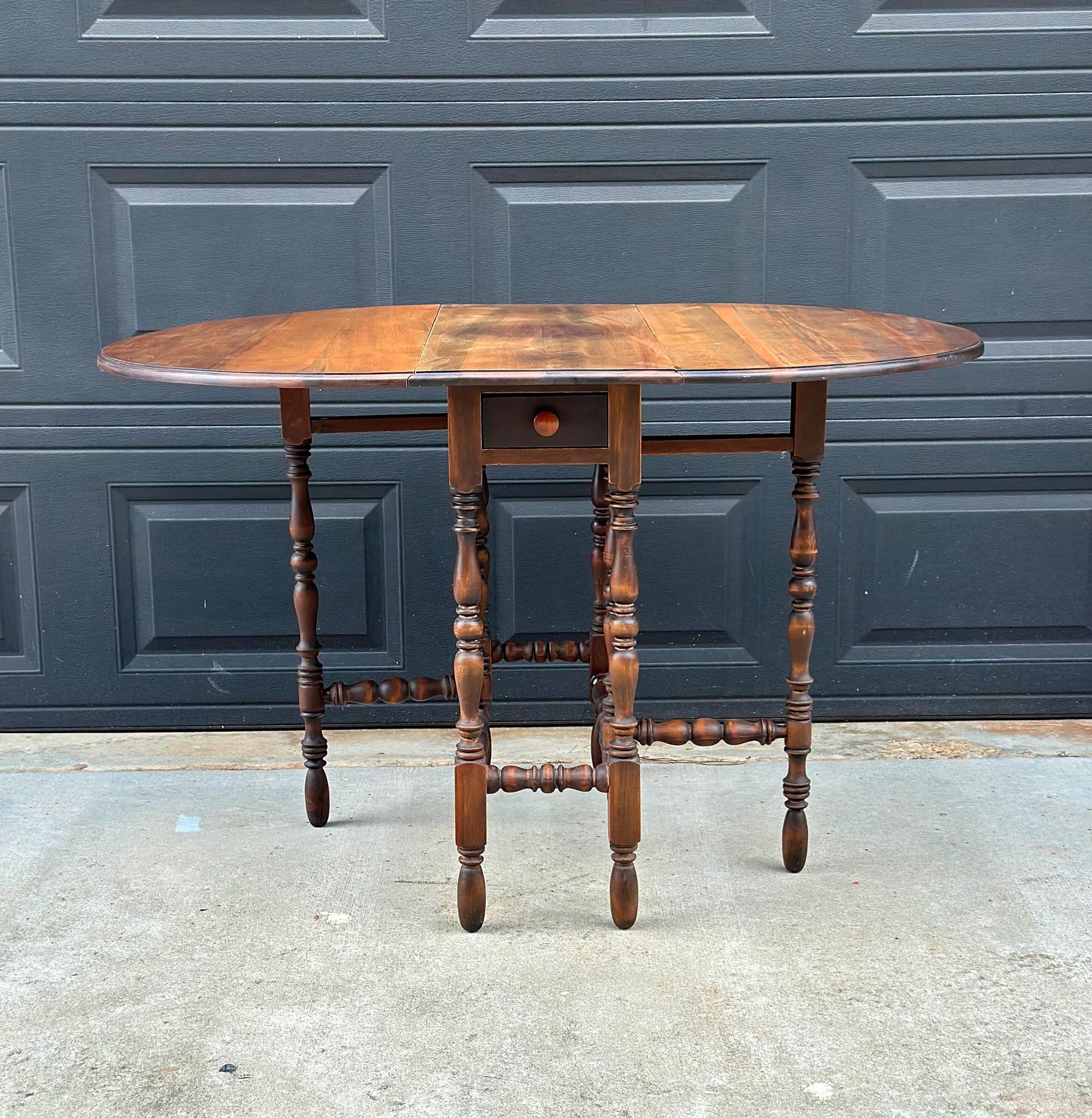Antique Early 20th Century Maple & Walnut Turned Gateleg Drop Leaf Single Drawer Dining Table 48" Wide
