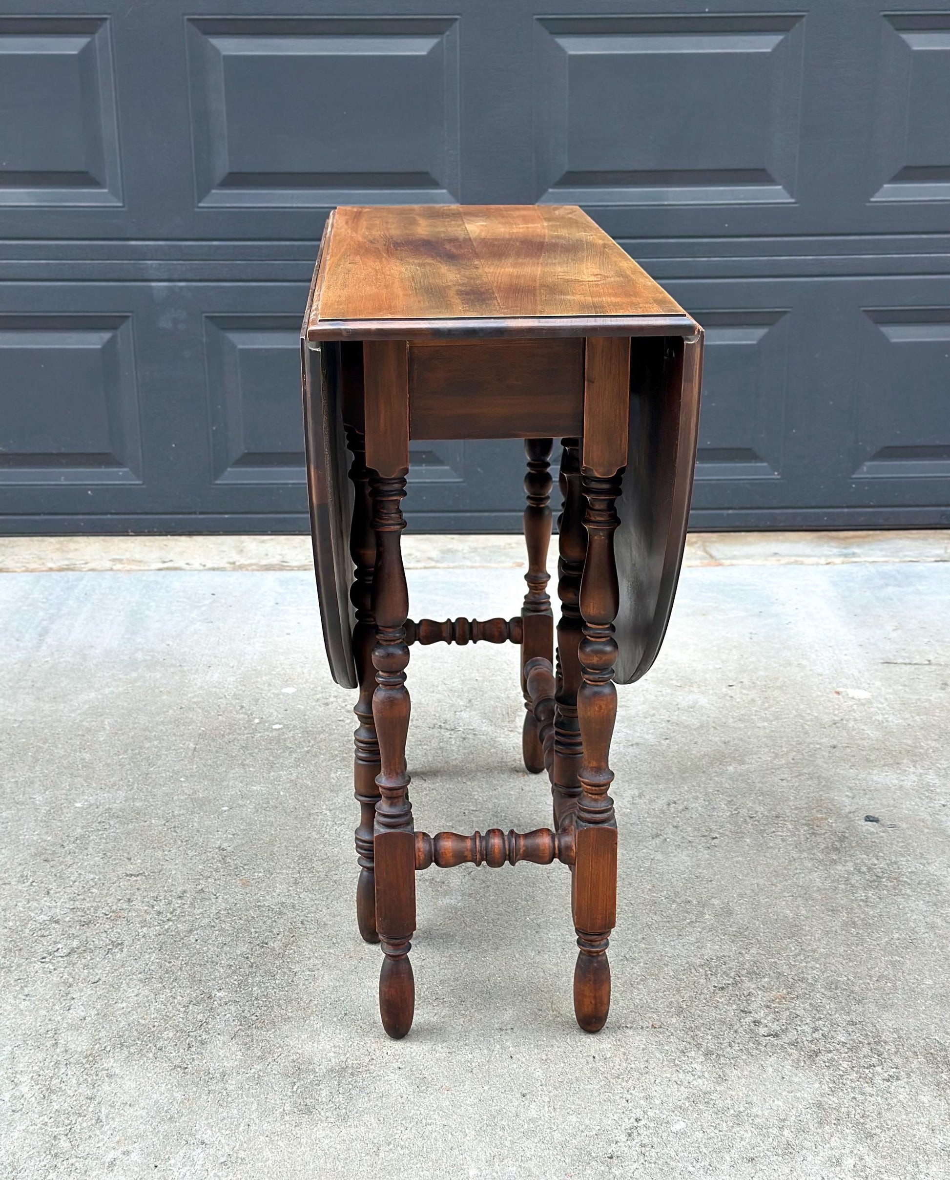 Antique Early 20th Century Maple & Walnut Turned Gateleg Drop Leaf Single Drawer Dining Table 48" Wide