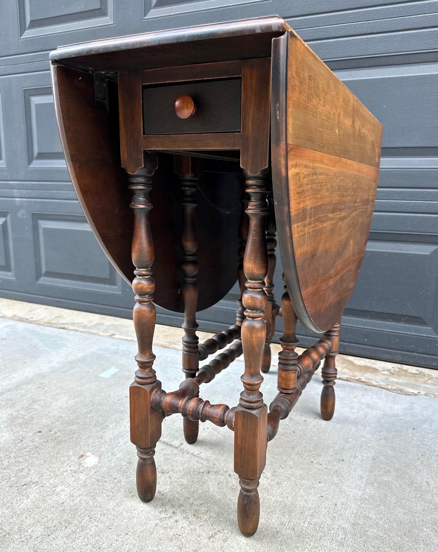 Antique Early 20th Century Maple & Walnut Turned Gateleg Drop Leaf Single Drawer Dining Table 48" Wide