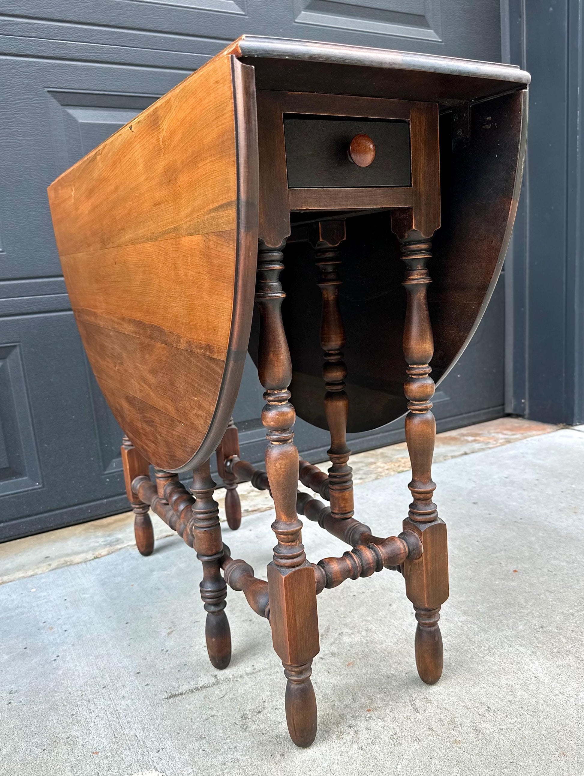 Antique Early 20th Century Maple & Walnut Turned Gateleg Drop Leaf Single Drawer Dining Table 48" Wide