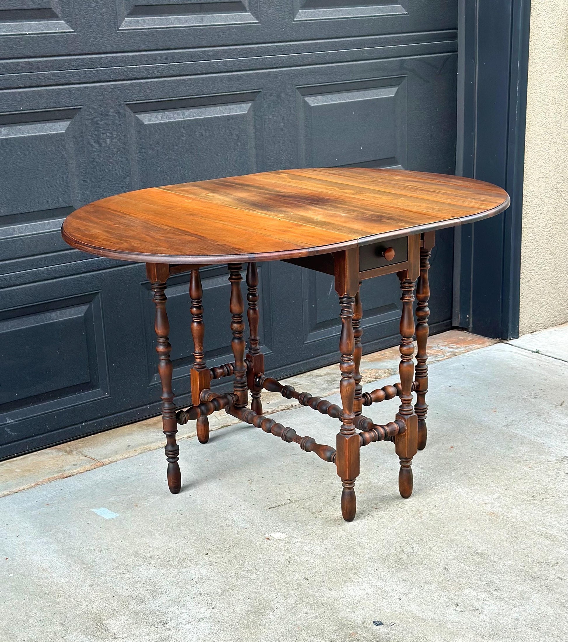 Antique Early 20th Century Maple & Walnut Turned Gateleg Drop Leaf Single Drawer Dining Table 48" Wide