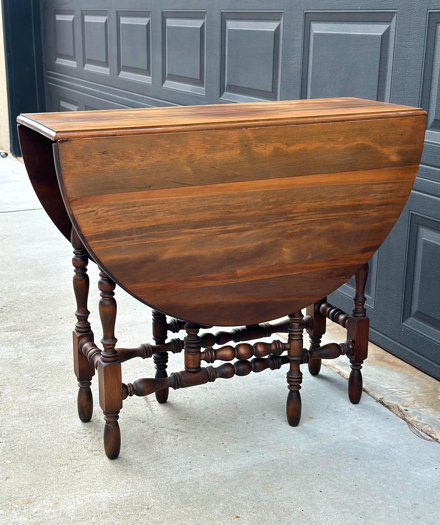 Antique Early 20th Century Maple & Walnut Turned Gateleg Drop Leaf Single Drawer Dining Table 48" Wide