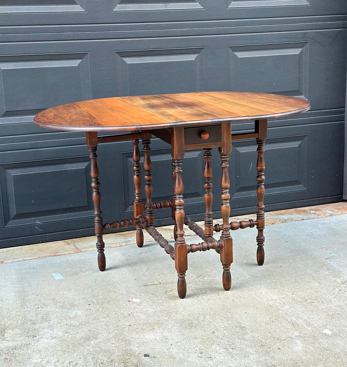 Antique Early 20th Century Maple & Walnut Turned Gateleg Drop Leaf Single Drawer Dining Table 48" Wide