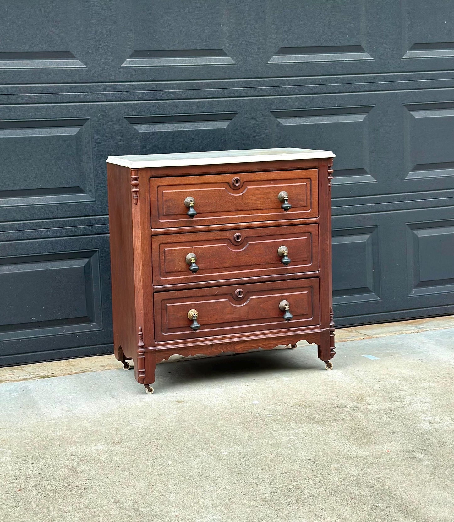 Antique Late 19th Century Solid Walnut Marble Top Eastlake Washstand Chest with Porcelain Casters & Pull Out Towel Bar 30" Wide