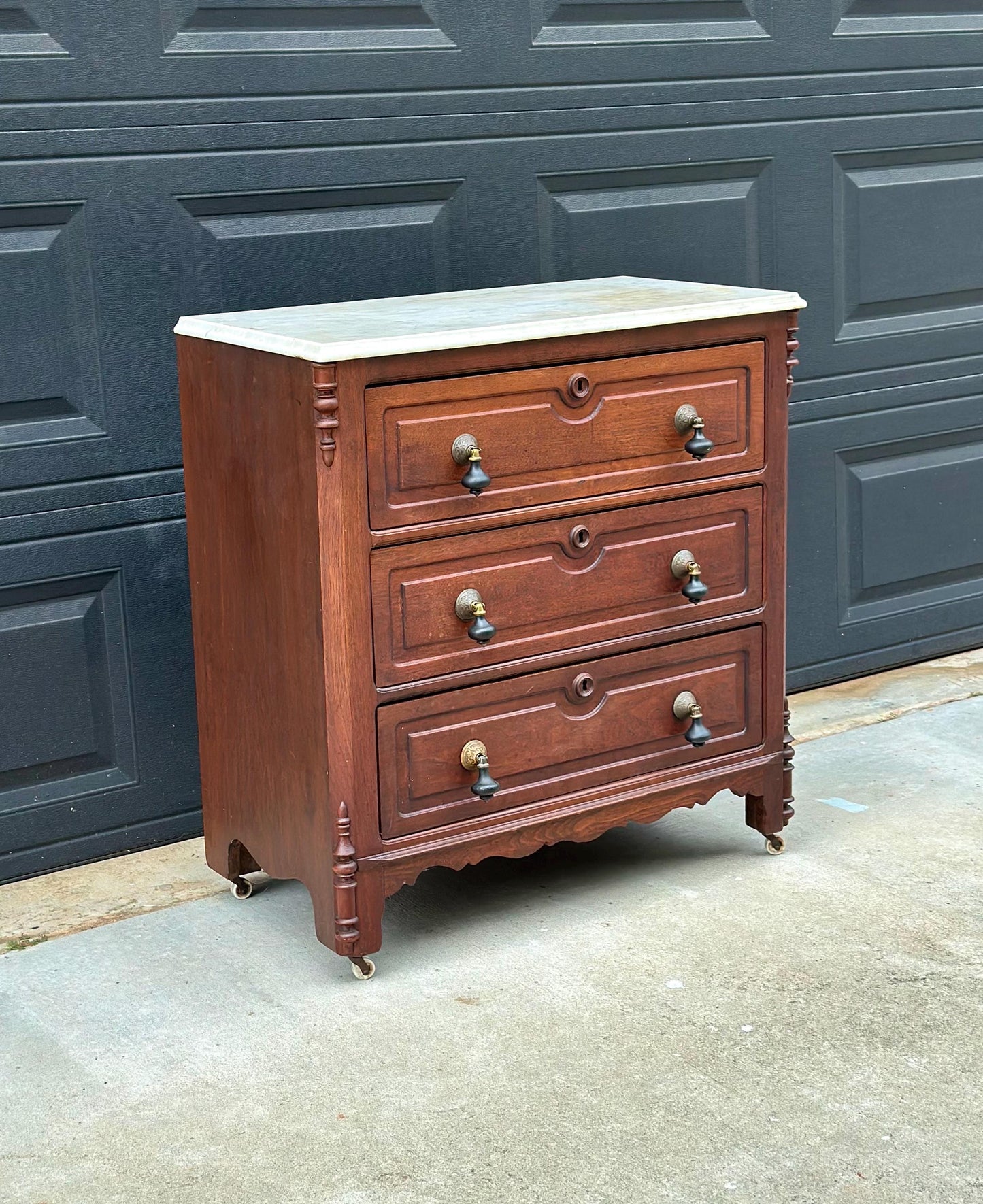 Antique Late 19th Century Solid Walnut Marble Top Eastlake Washstand Chest with Porcelain Casters & Pull Out Towel Bar 30" Wide
