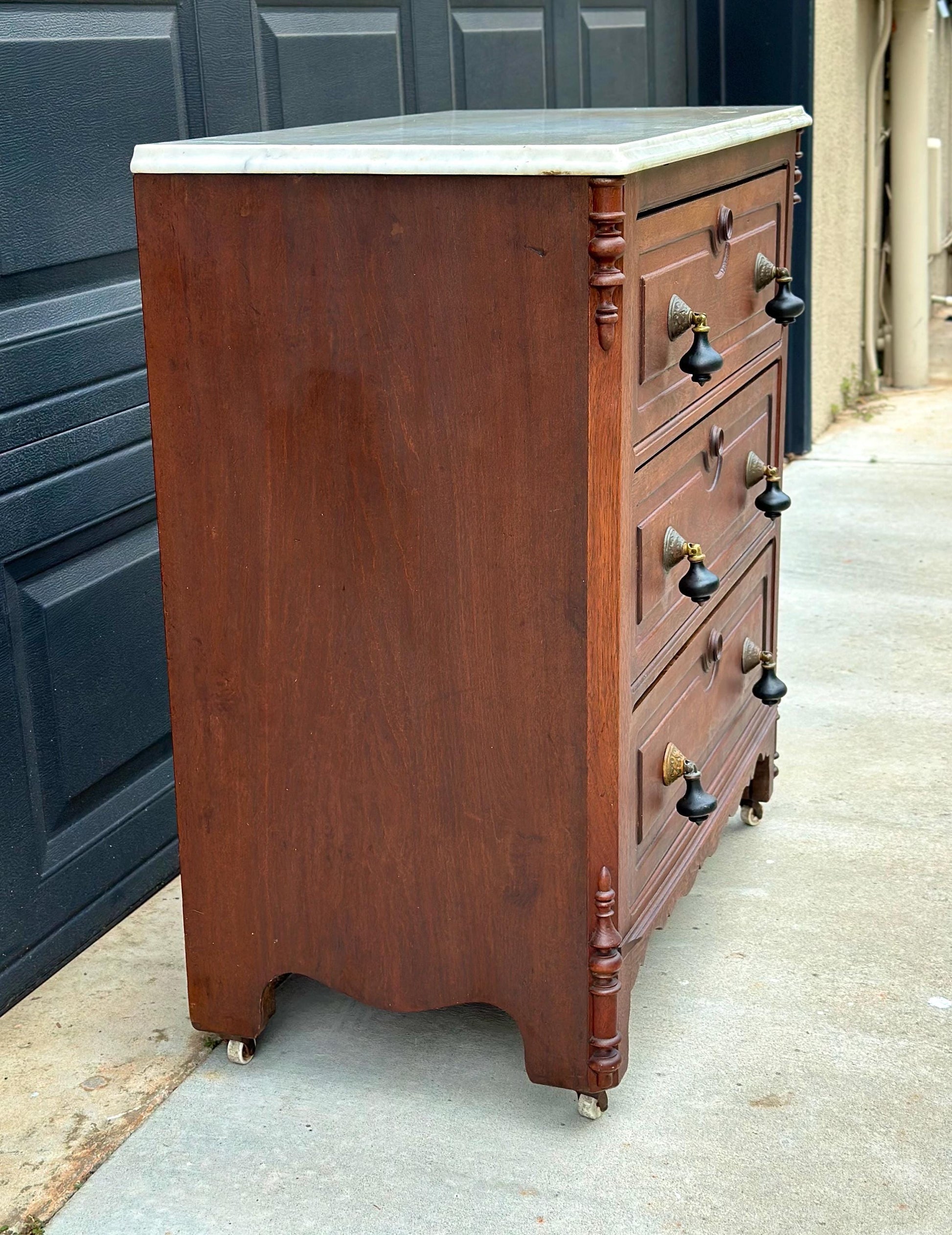 Antique Late 19th Century Solid Walnut Marble Top Eastlake Washstand Chest with Porcelain Casters & Pull Out Towel Bar 30" Wide
