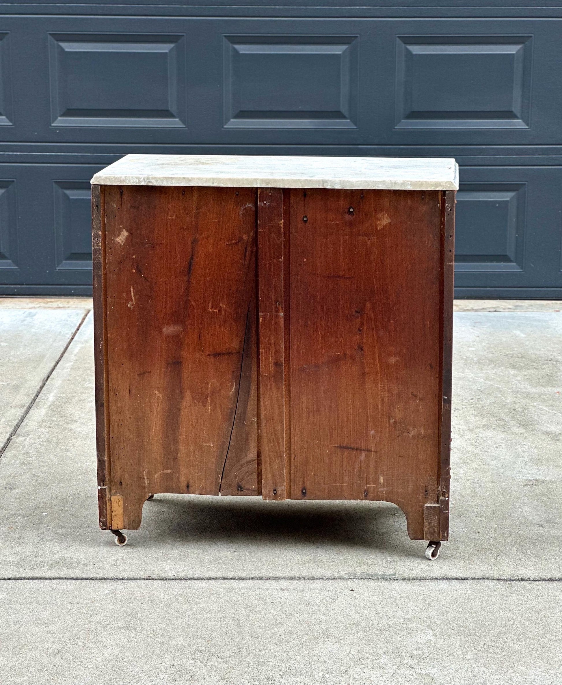 Antique Late 19th Century Solid Walnut Marble Top Eastlake Washstand Chest with Porcelain Casters & Pull Out Towel Bar 30" Wide