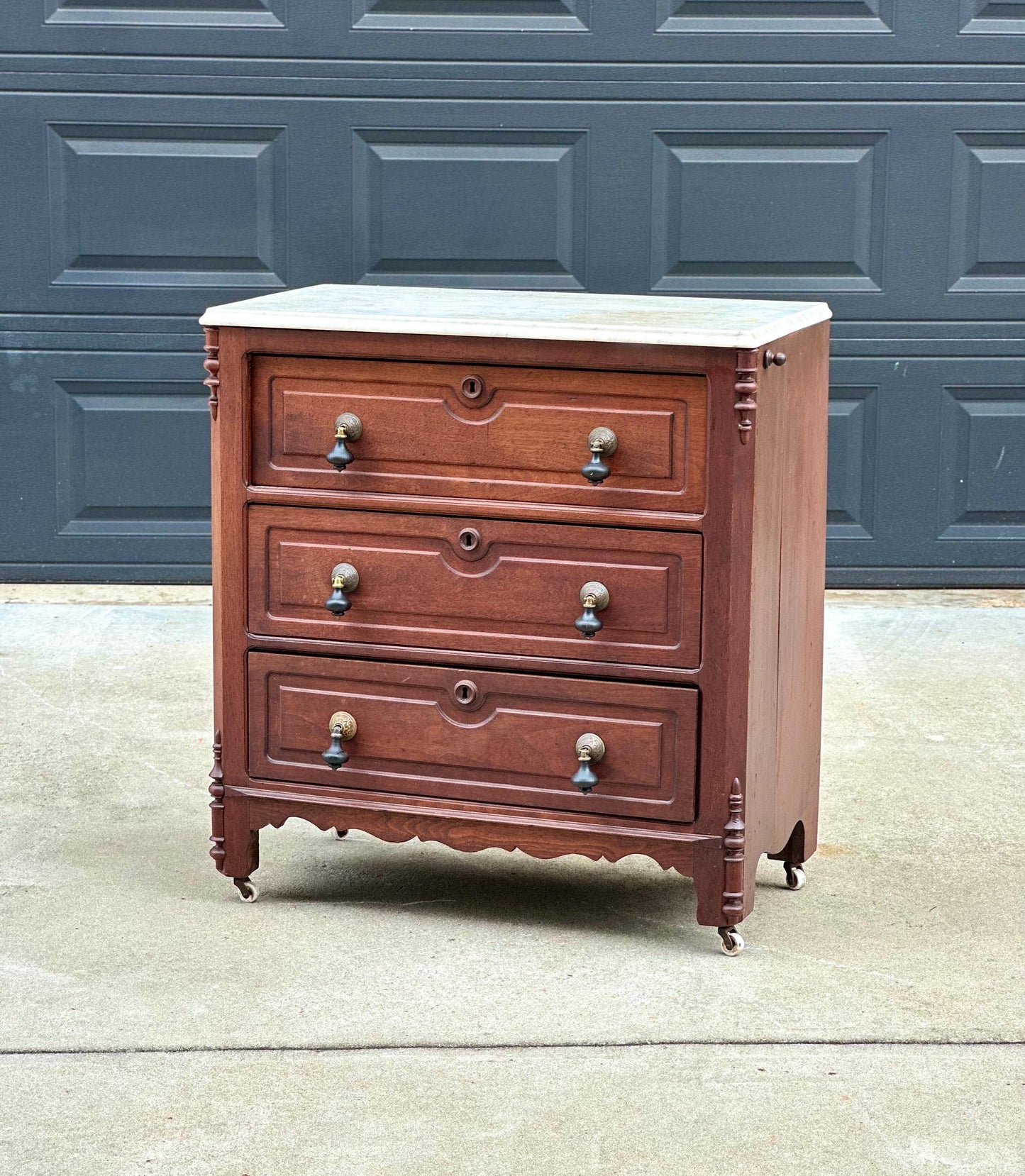 Antique Late 19th Century Solid Walnut Marble Top Eastlake Washstand Chest with Porcelain Casters & Pull Out Towel Bar 30" Wide