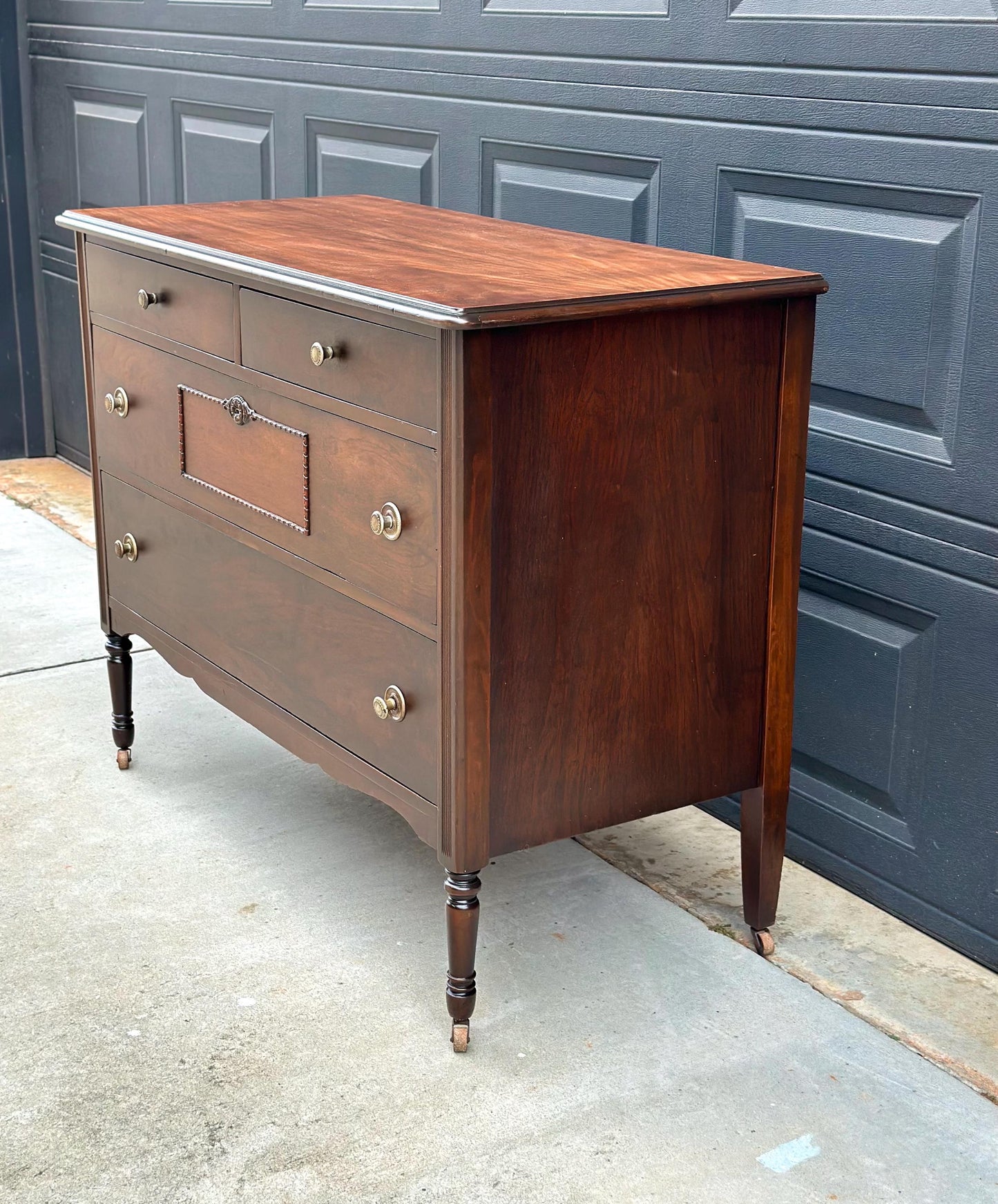 Antique Early 20th Century Federal Walnut Wood Chest of Drawers on Casters 44.75" Wide