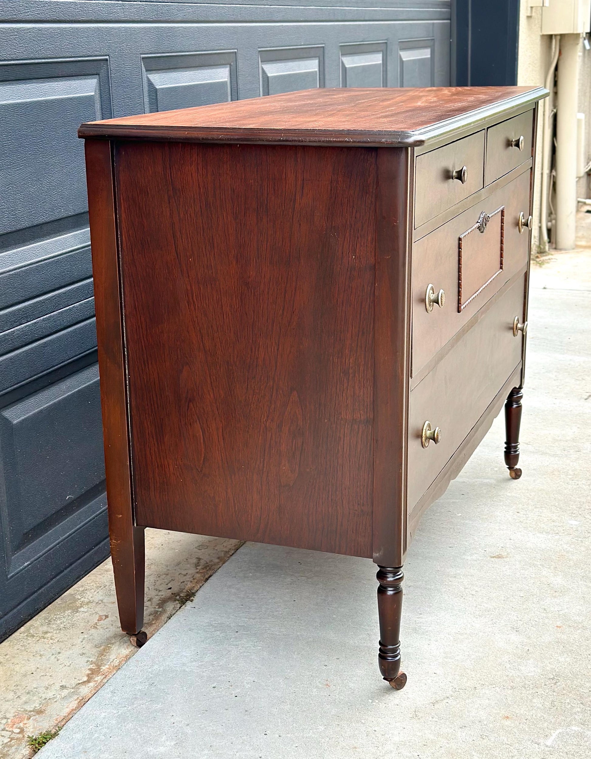 Antique Early 20th Century Federal Walnut Wood Chest of Drawers on Casters 44.75" Wide