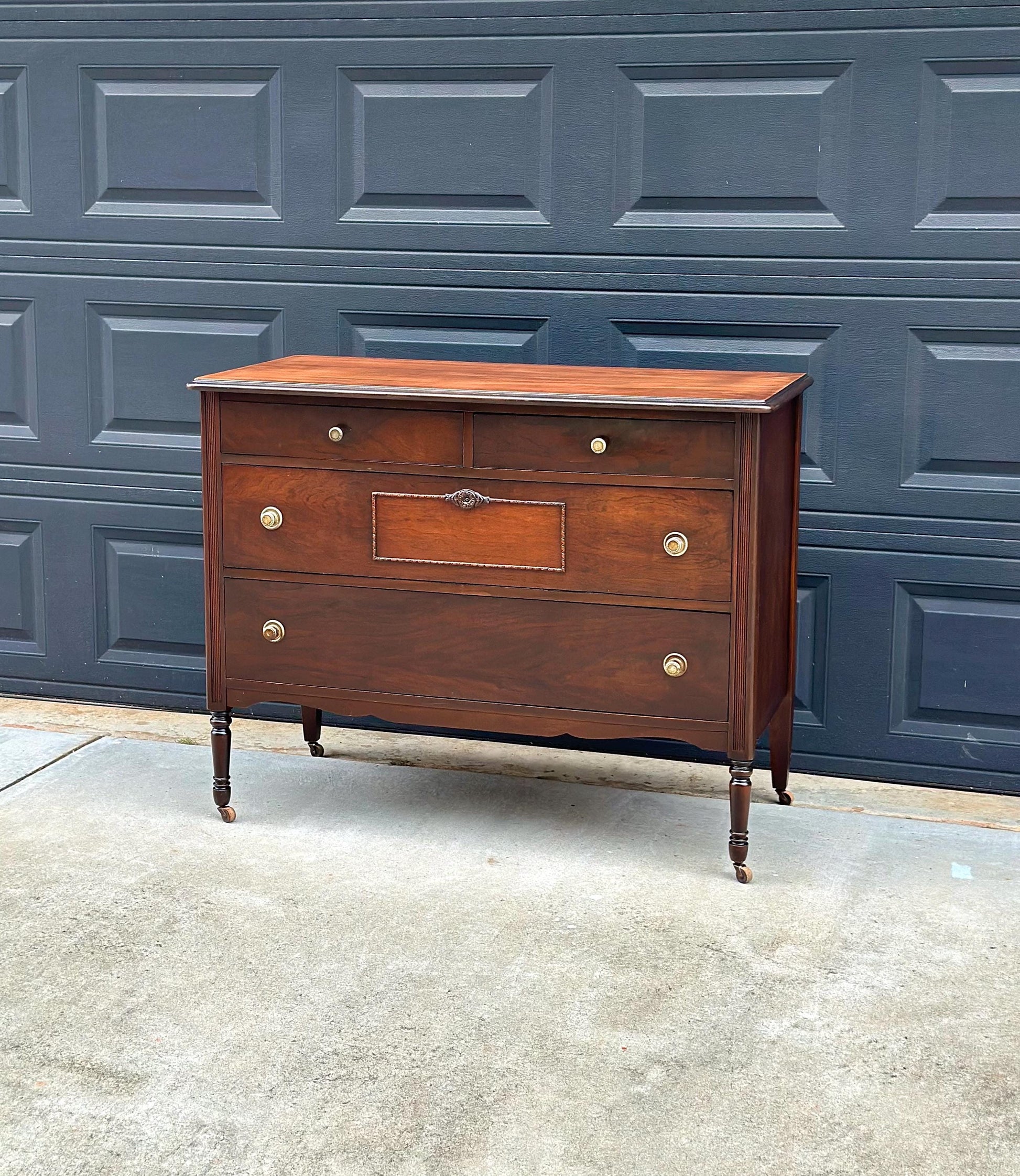 Antique Early 20th Century Federal Walnut Wood Chest of Drawers on Casters 44.75" Wide