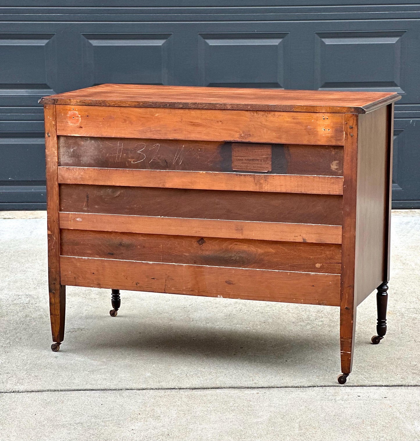 Antique Early 20th Century Federal Walnut Wood Chest of Drawers on Casters 44.75" Wide