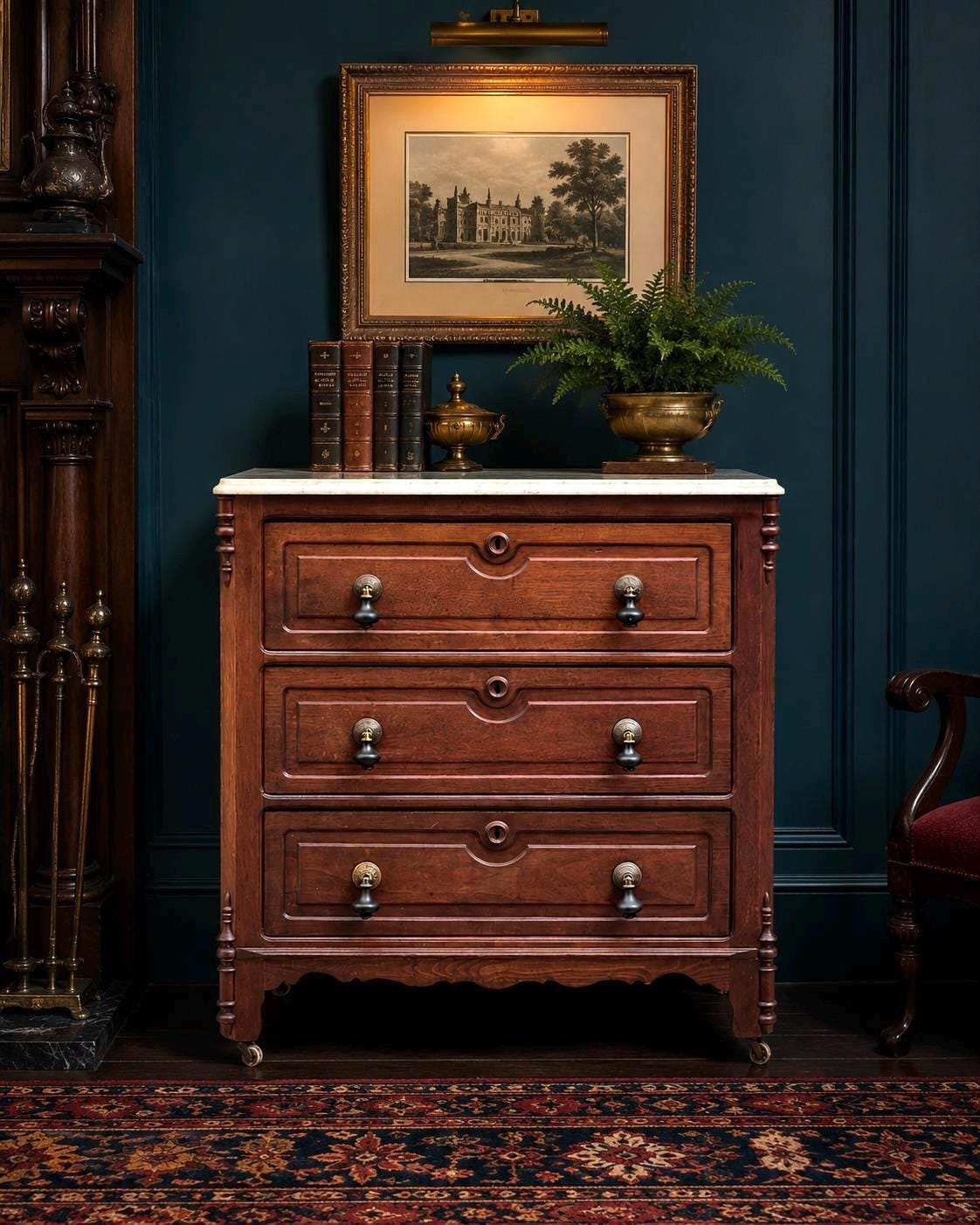 Antique Late 19th Century Solid Walnut Marble Top Eastlake Washstand Chest with Porcelain Casters & Pull Out Towel Bar 30" Wide