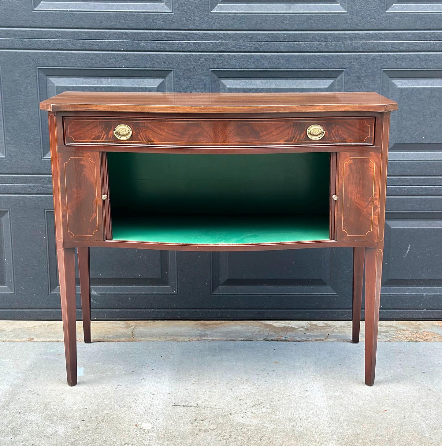 Vintage Mid 20th Century Crotch Mahogany Bowfront Tambour Console Cabinet with Drawer Storage 42" Wide