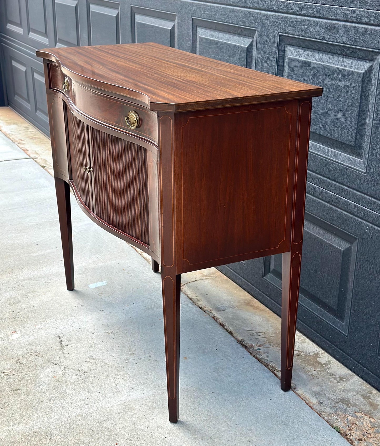 Vintage Mid 20th Century Crotch Mahogany Bowfront Tambour Console Cabinet with Drawer Storage 42" Wide