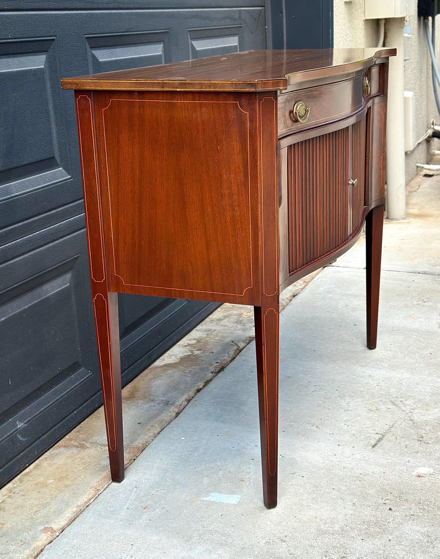 Vintage Mid 20th Century Crotch Mahogany Bowfront Tambour Console Cabinet with Drawer Storage 42" Wide