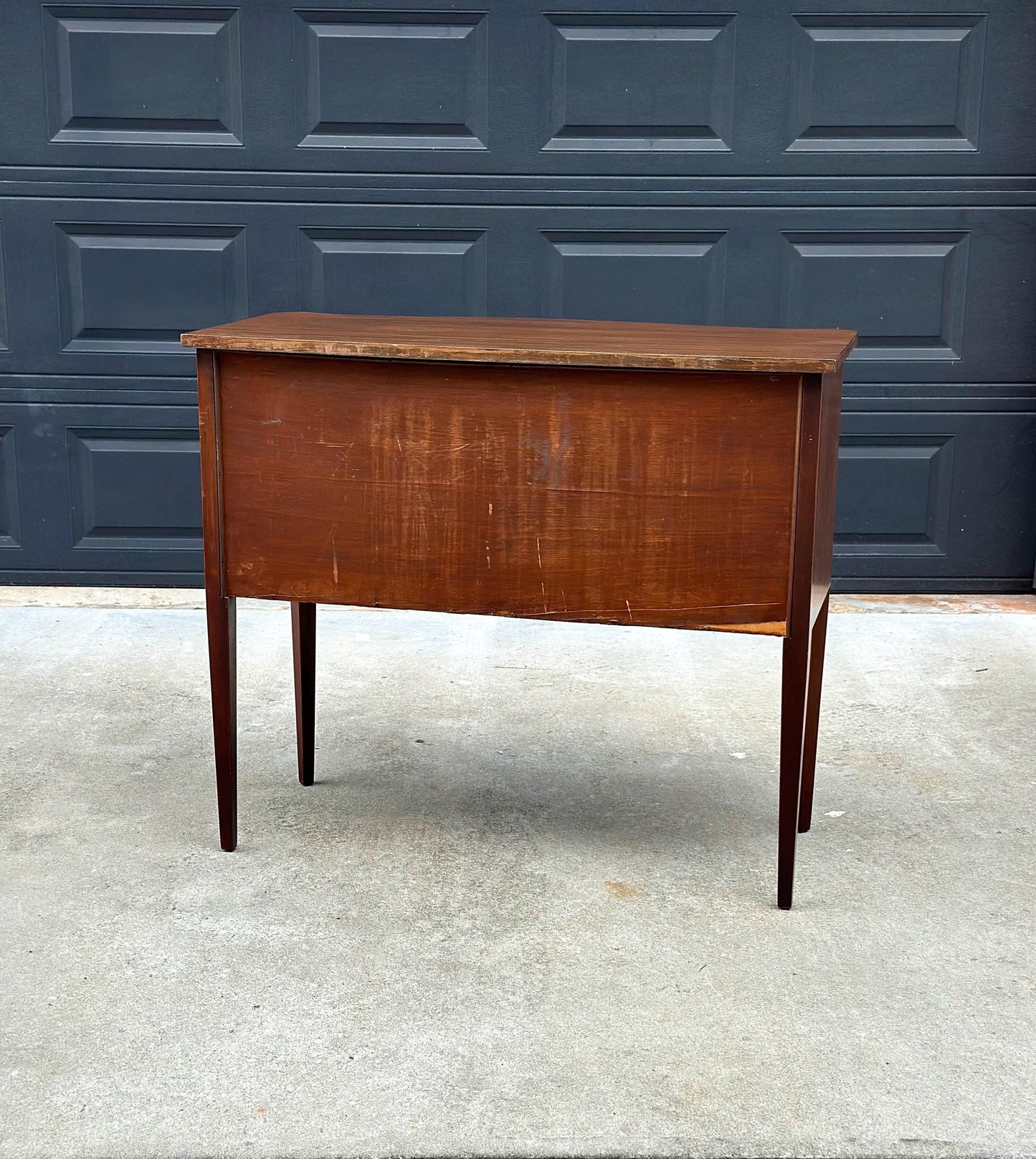 Vintage Mid 20th Century Crotch Mahogany Bowfront Tambour Console Cabinet with Drawer Storage 42" Wide