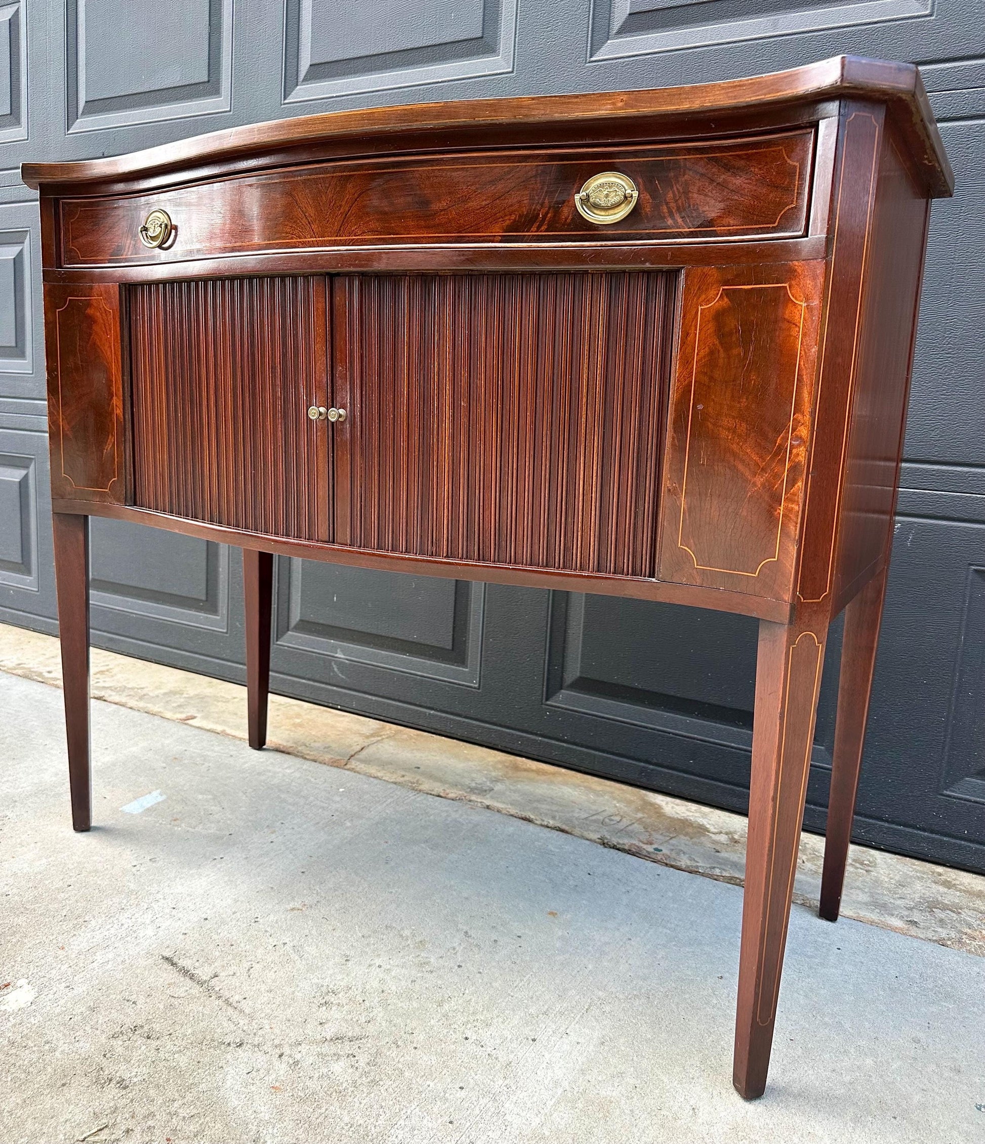 Vintage Mid 20th Century Crotch Mahogany Bowfront Tambour Console Cabinet with Drawer Storage 42" Wide