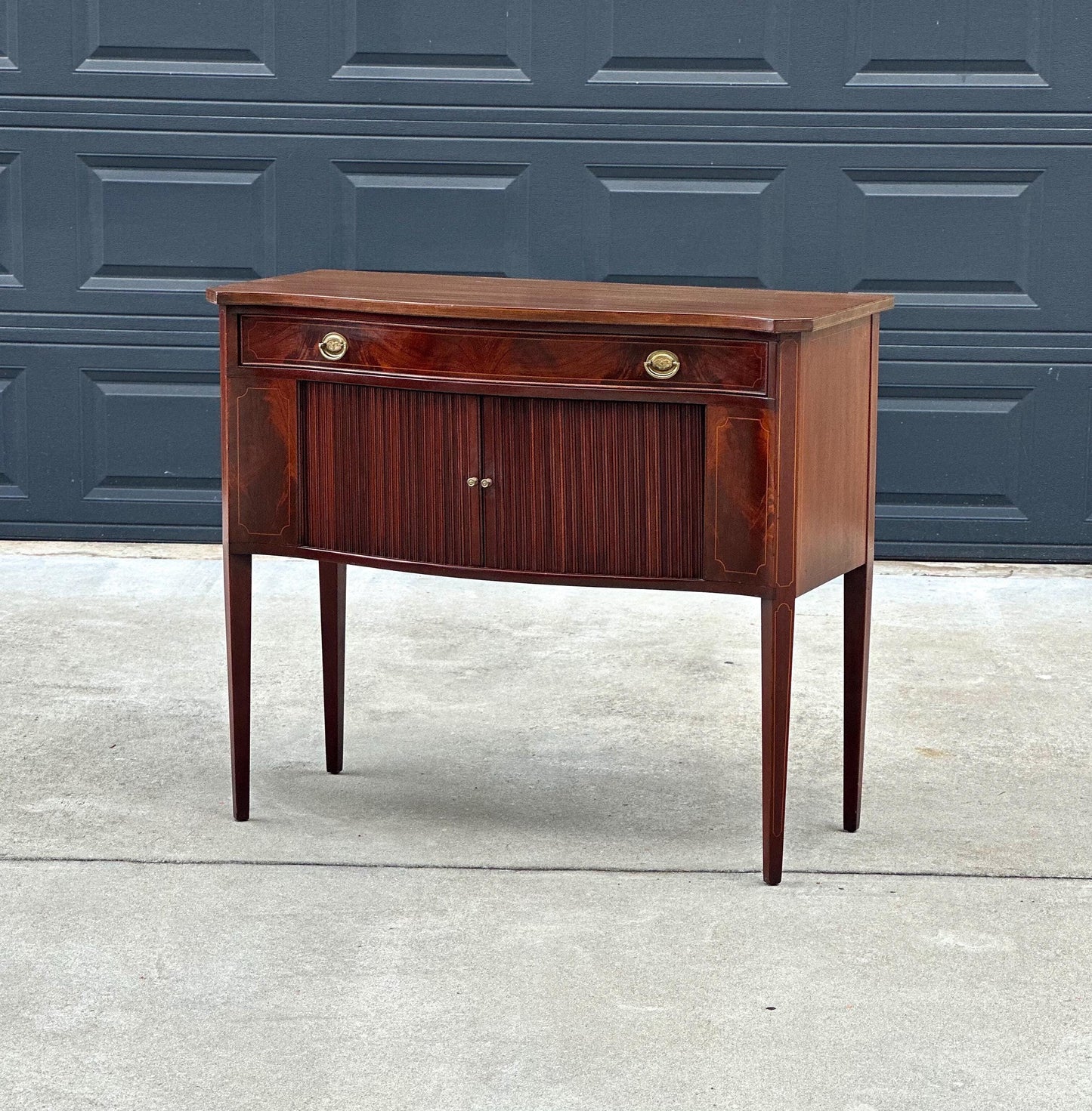 Vintage Mid 20th Century Crotch Mahogany Bowfront Tambour Console Cabinet with Drawer Storage 42" Wide