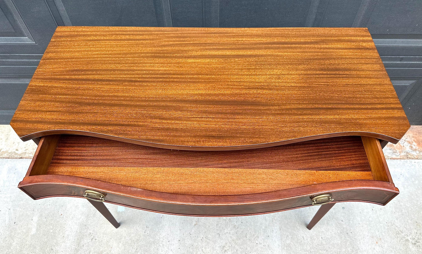 Vintage Mid 20th Century Crotch Mahogany Bowfront Tambour Console Cabinet with Drawer Storage 42" Wide