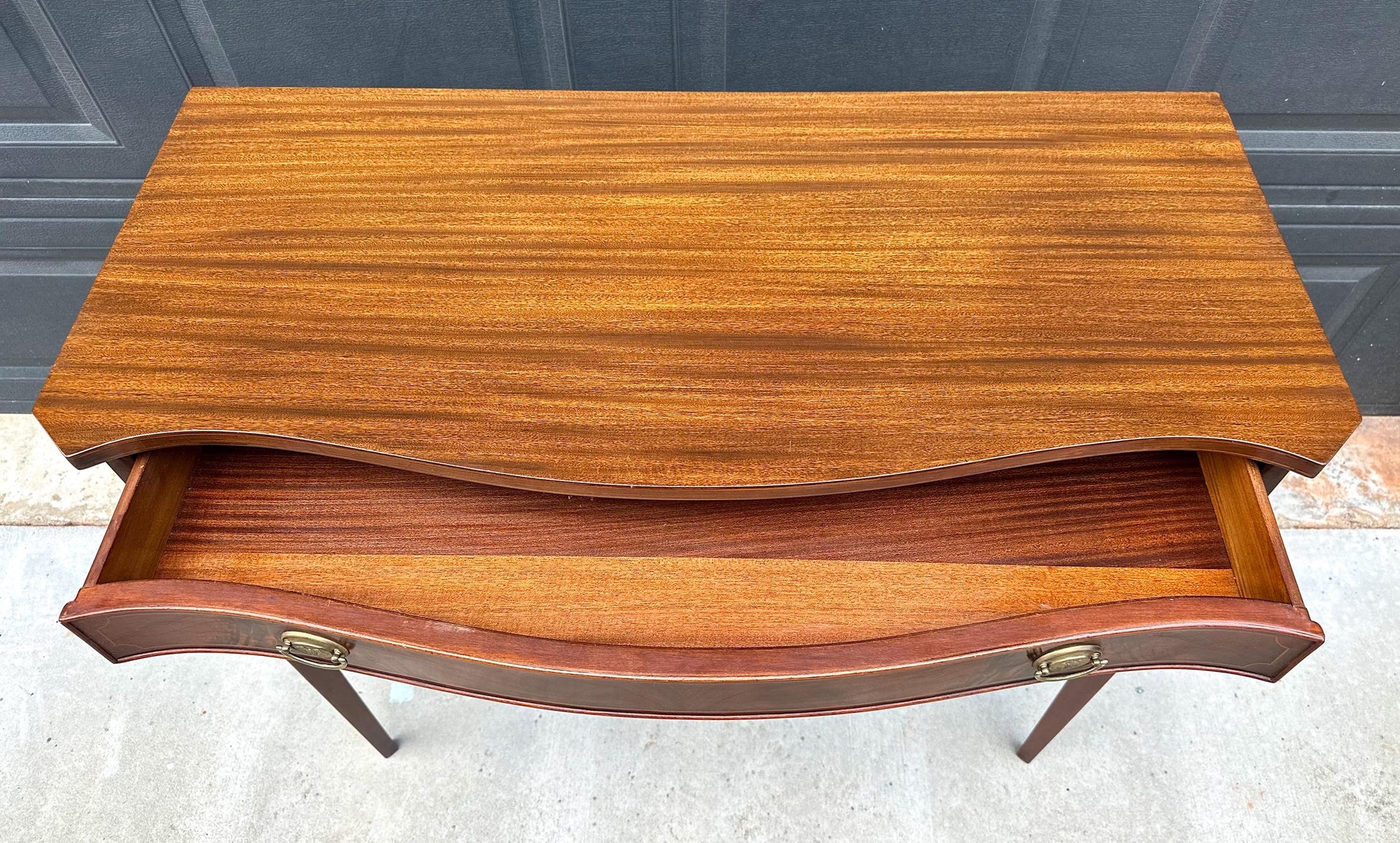 Vintage Mid 20th Century Crotch Mahogany Bowfront Tambour Console Cabinet with Drawer Storage 42" Wide