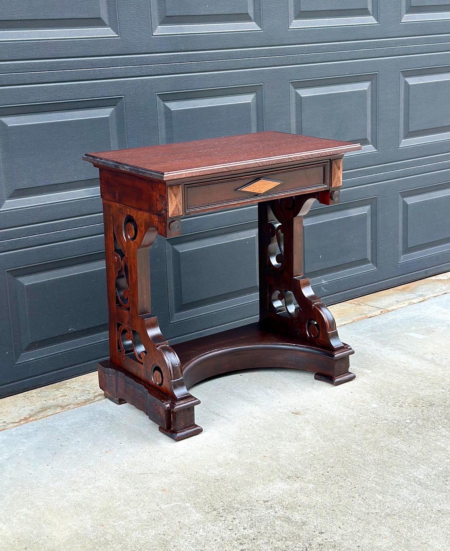 Antique Mid 19th Century Two Tone Mahogany Single Drawer Decorative Accent Carved Entry Table 31" Wide