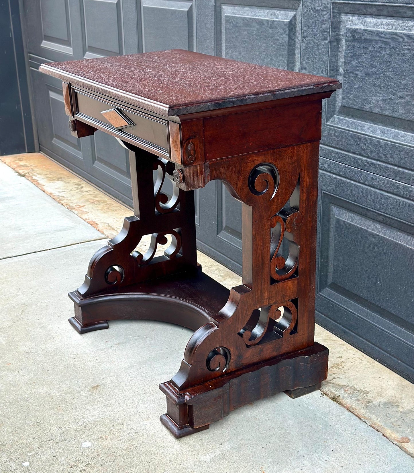 Antique Mid 19th Century Two Tone Mahogany Single Drawer Decorative Accent Carved Entry Table 31" Wide