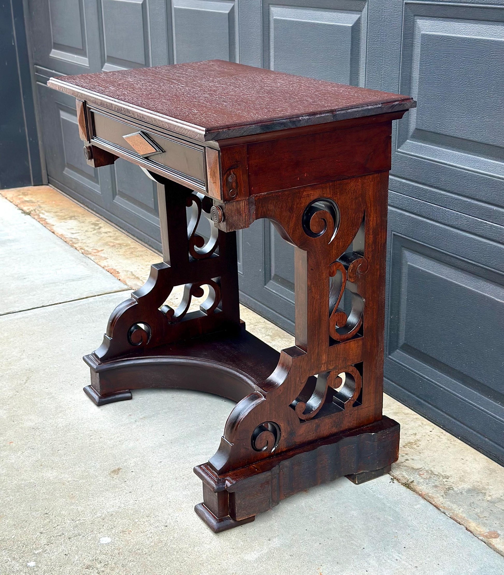 Antique Mid 19th Century Two Tone Mahogany Single Drawer Decorative Accent Carved Entry Table 31" Wide