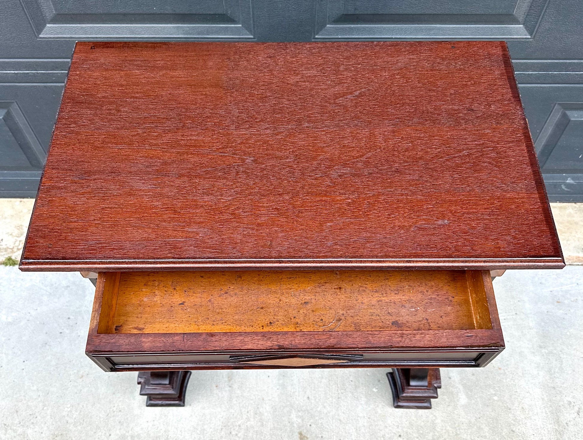 Antique Mid 19th Century Two Tone Mahogany Single Drawer Decorative Accent Carved Entry Table 31" Wide