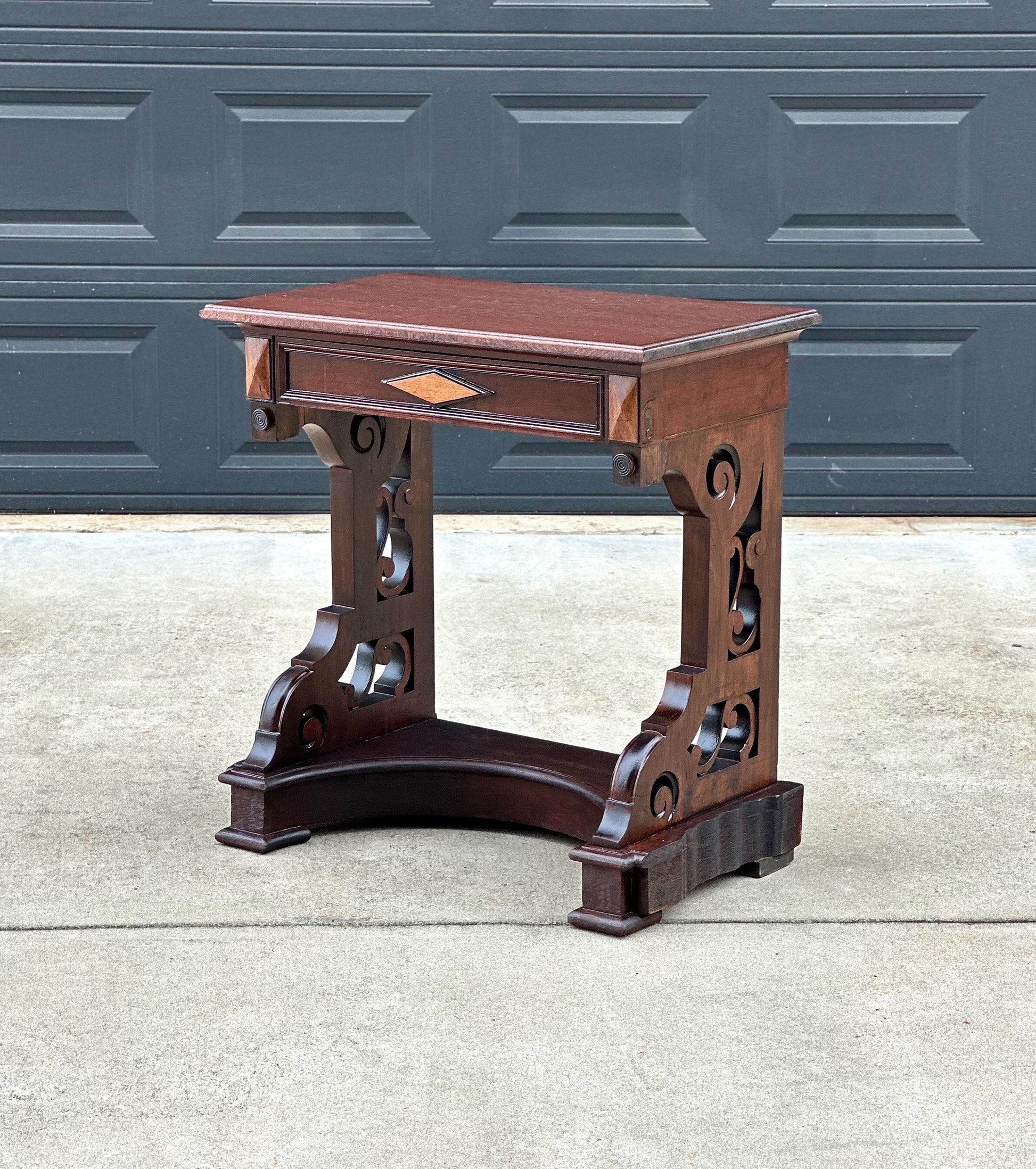 Antique Mid 19th Century Two Tone Mahogany Single Drawer Decorative Accent Carved Entry Table 31" Wide